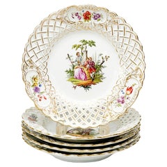5 Meissen Germany Hand Painted Reticulated Porcelain Plates Courting Scenes