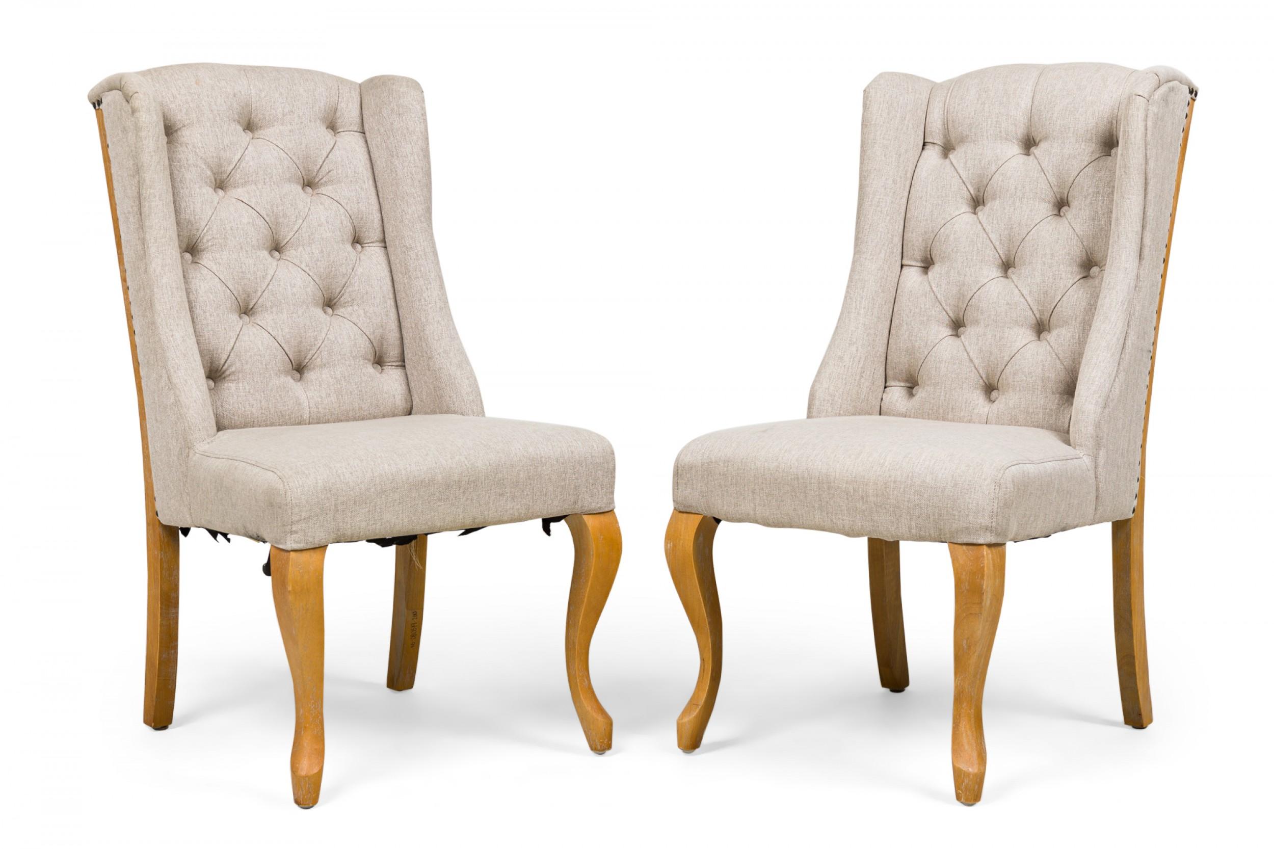 Modern 5 Midcentury American Button Tufted Gray Upholstered Wing Dining Chairs For Sale