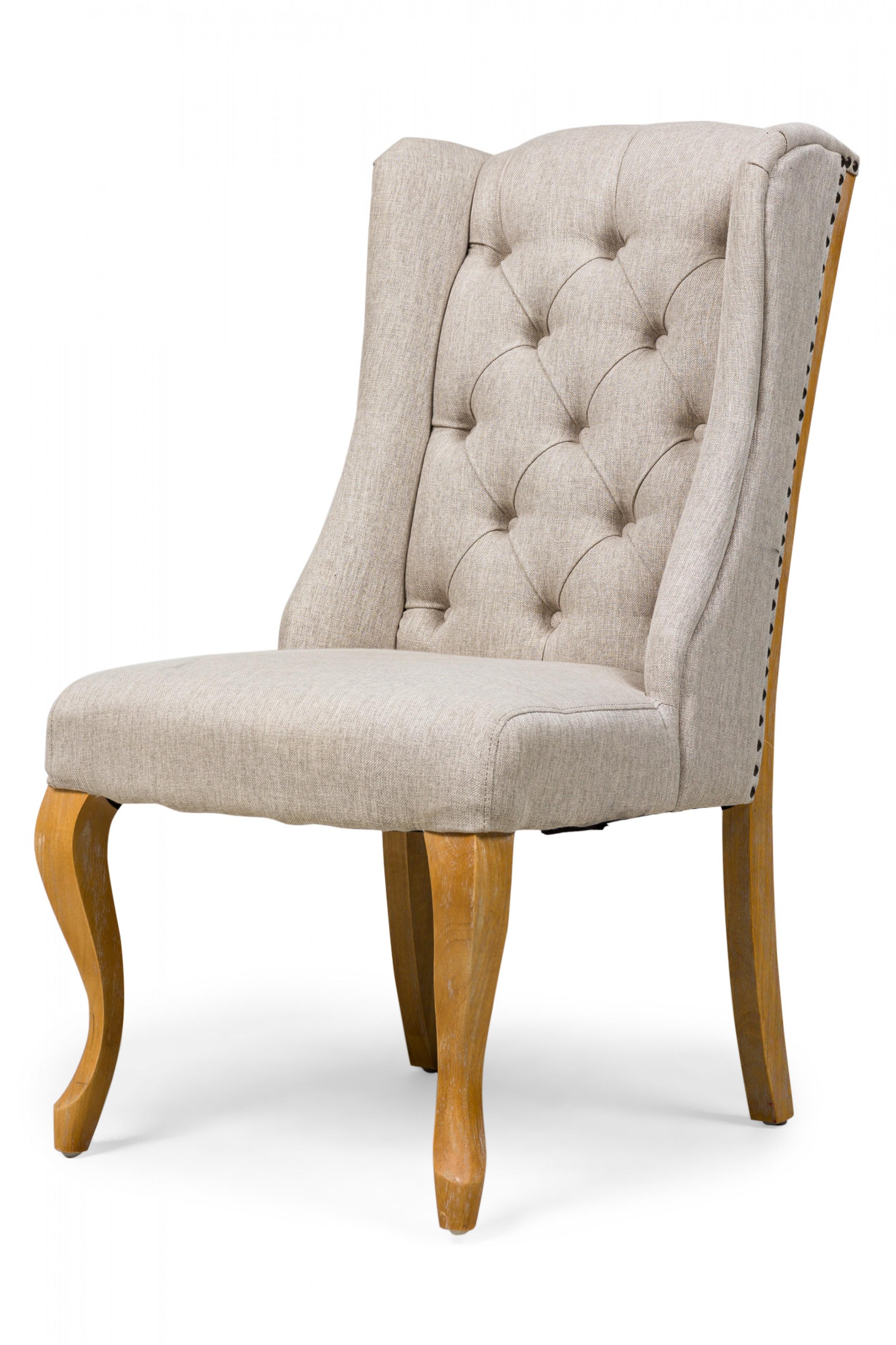 Woven 5 Midcentury American Button Tufted Gray Upholstered Wing Dining Chairs For Sale