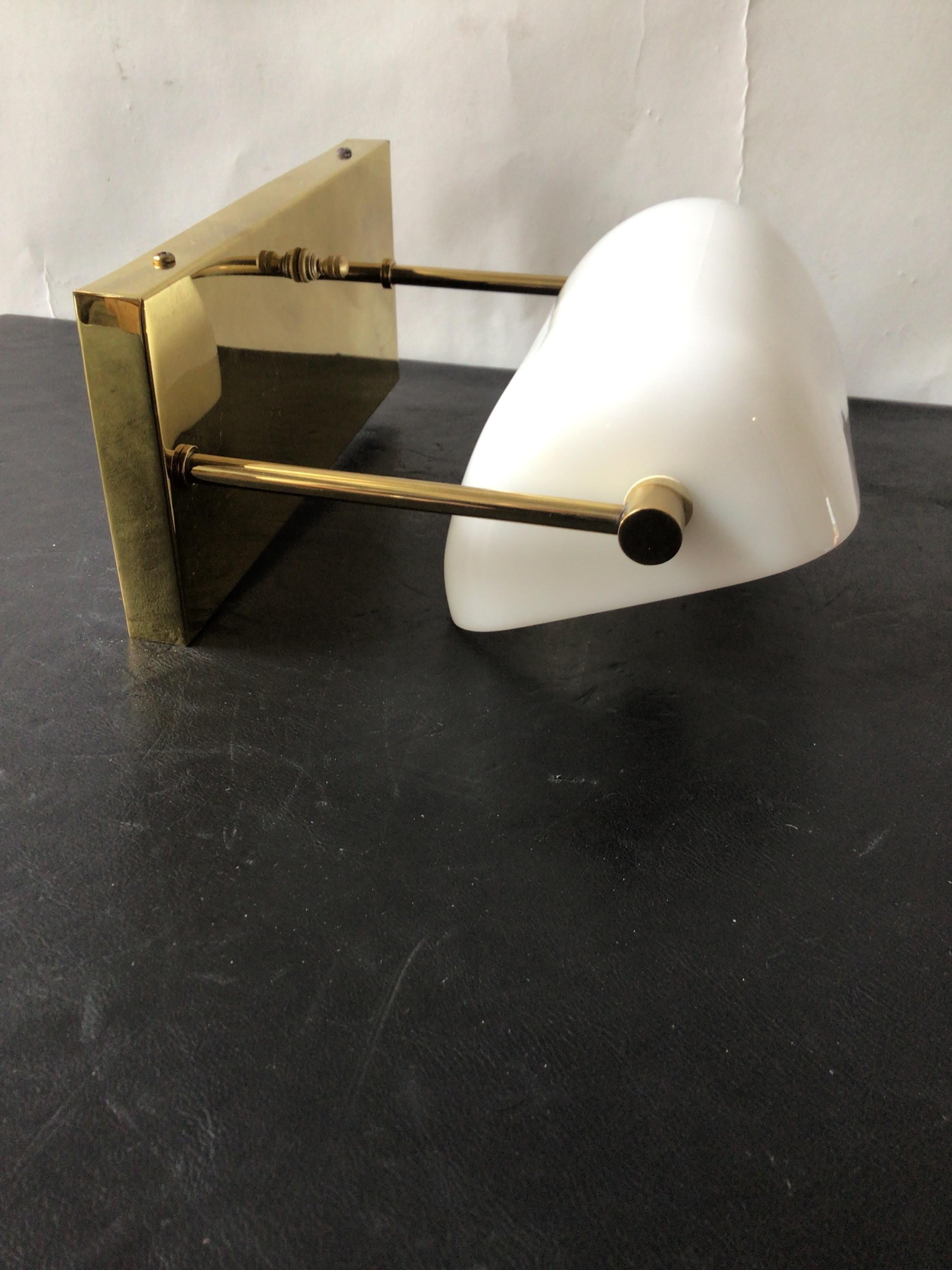 Nessen Brass and Milk Glass 1970s Banker Lamp Sconces In Good Condition In Tarrytown, NY