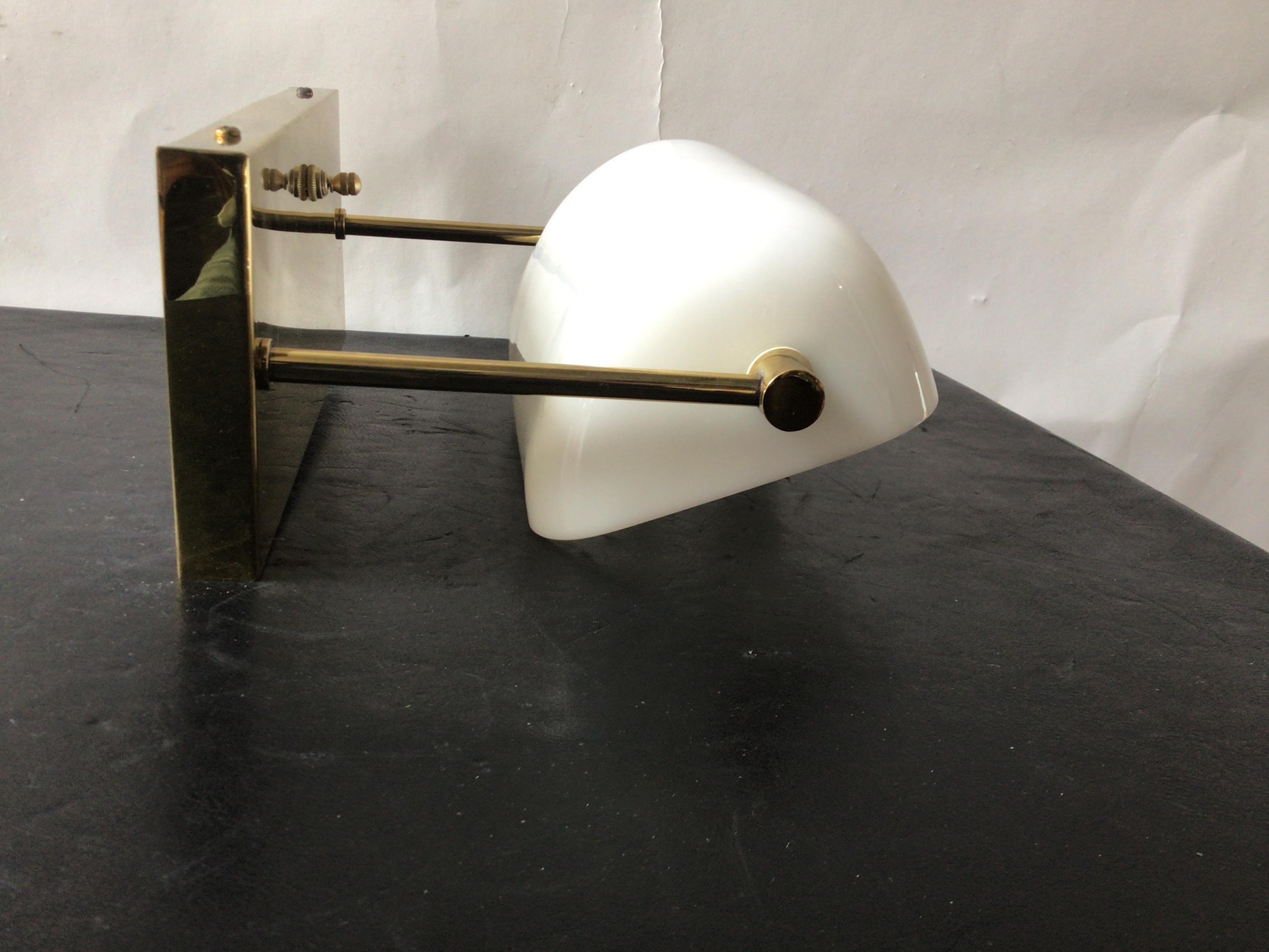 Late 20th Century Nessen Brass and Milk Glass 1970s Banker Lamp Sconces