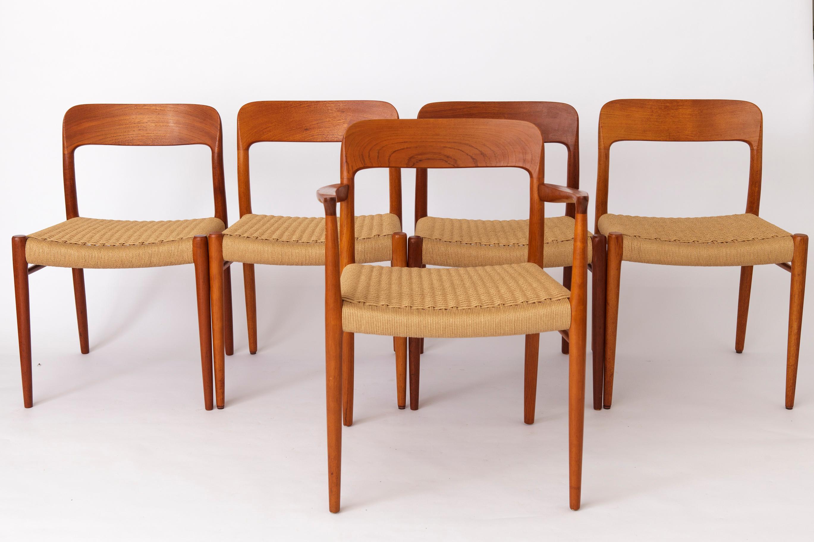 Mid-Century Modern 5 Niels Moller Chairs, model 75, 1950s, Danish Vintage Teak For Sale