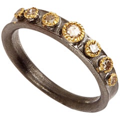 Band Ring, Champaign Diamonds 14 Karat Gold Oxidized Sterling Silver