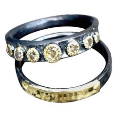 Band Ring, Champaign Diamonds 14 Karat Gold Oxidized Sterling Silver