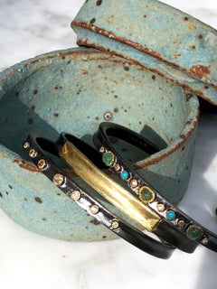 Bangle Bracelet, Diamonds, Emerald, Turquoises, Pearls, 14 Karat Gold
