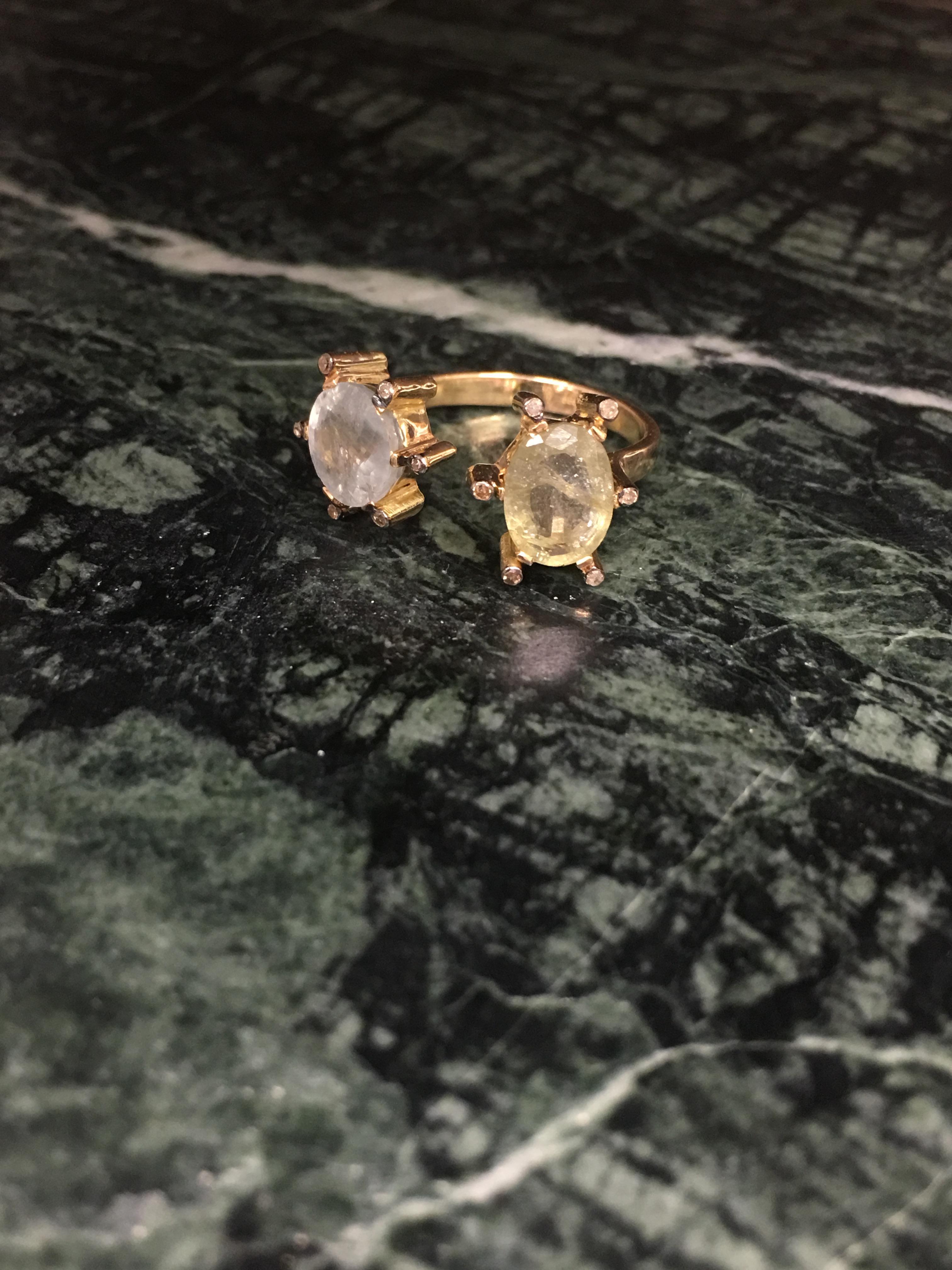 Artist Double Ring, 14 Karat Gold Sapphire and Diamonds For Sale