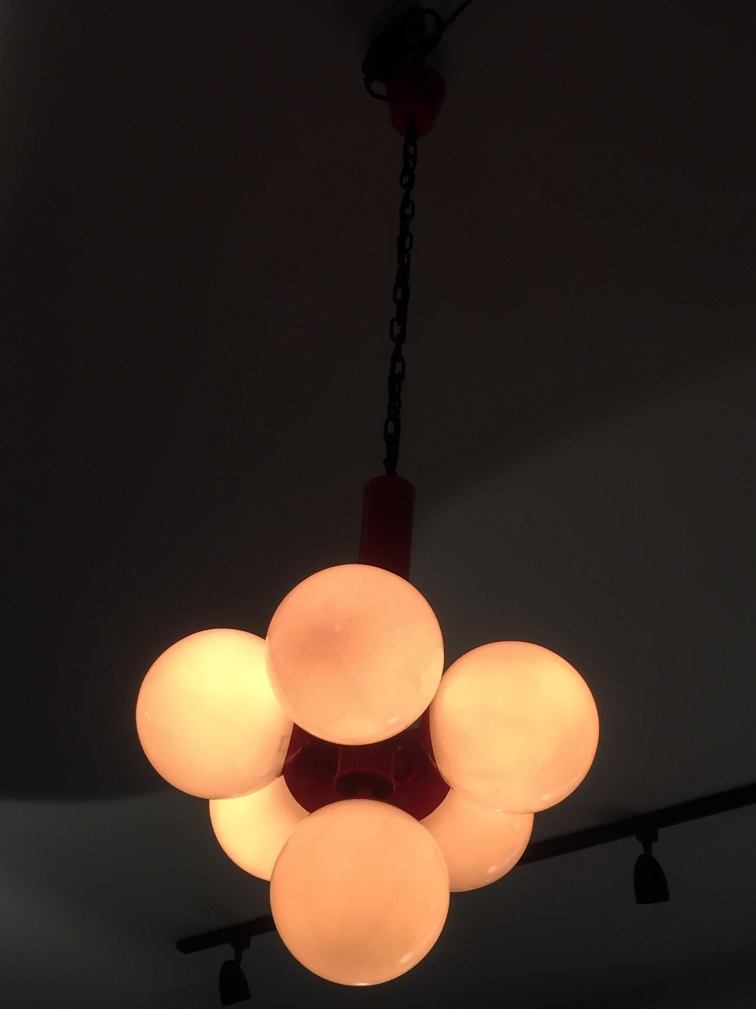 French 5 Opaline Pendant Light in the style of Jean Royere, enamelled steel circa 1950s