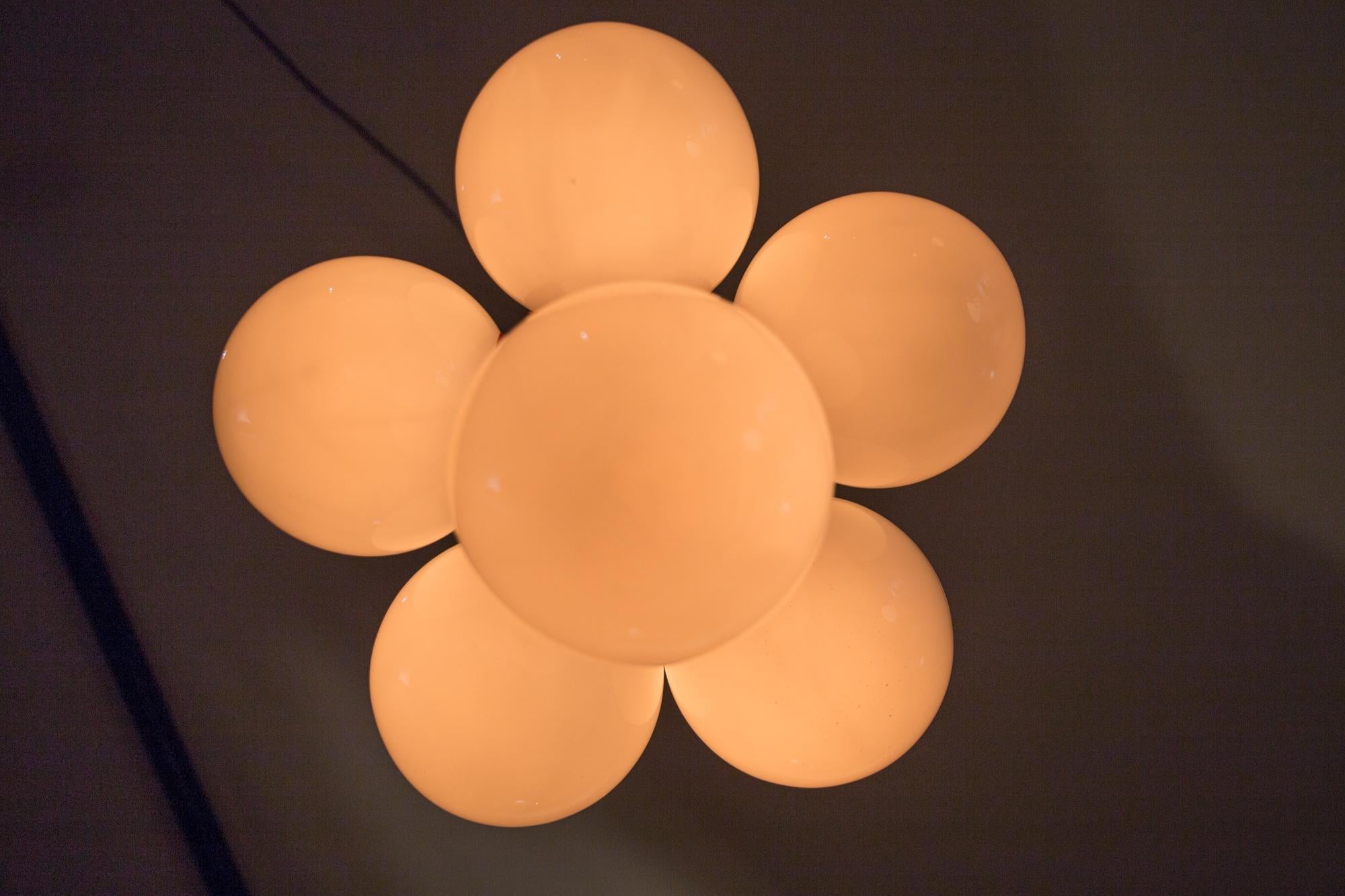 5 Opaline Pendant Light in the style of Jean Royere, enamelled steel circa 1950s In Good Condition In London, GB