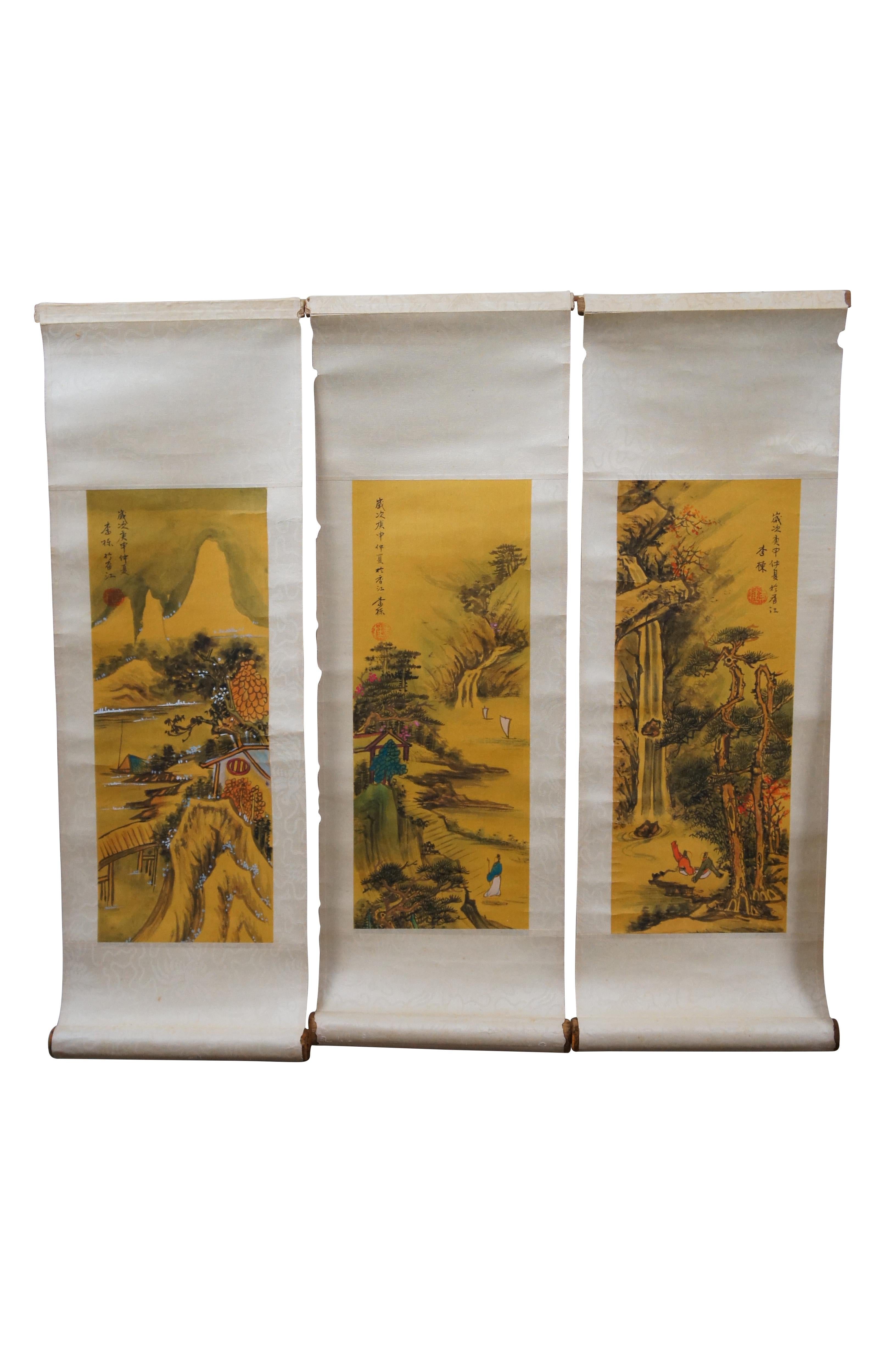 Five vintage wall scrolls, showing an array of scenic Chinese / Japanese landscapes and seascapes, with figures, waterfalls / rivers, mountains and figures.  Hand painted on yellow paper and mounted on paper backed white silk scrolls. Produced by