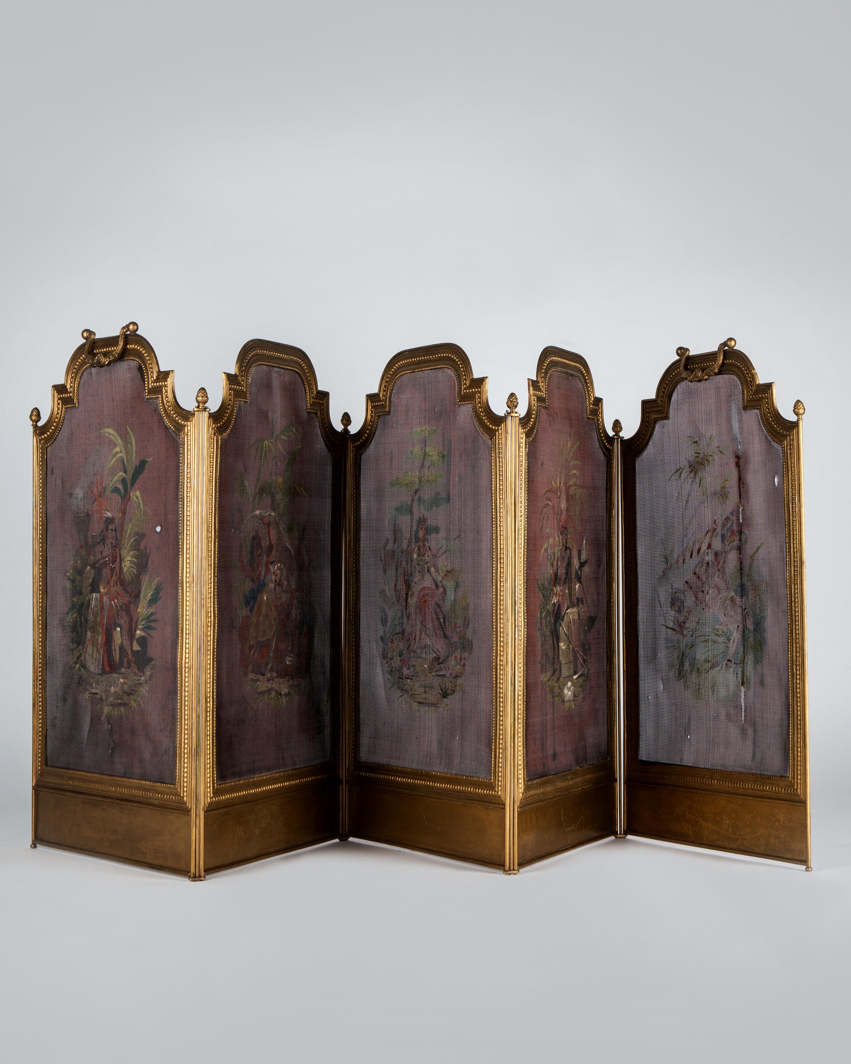 AFP0596

circa 1920.
A vintage five-panel iron fire screen with hand painted fantastical scenes of 