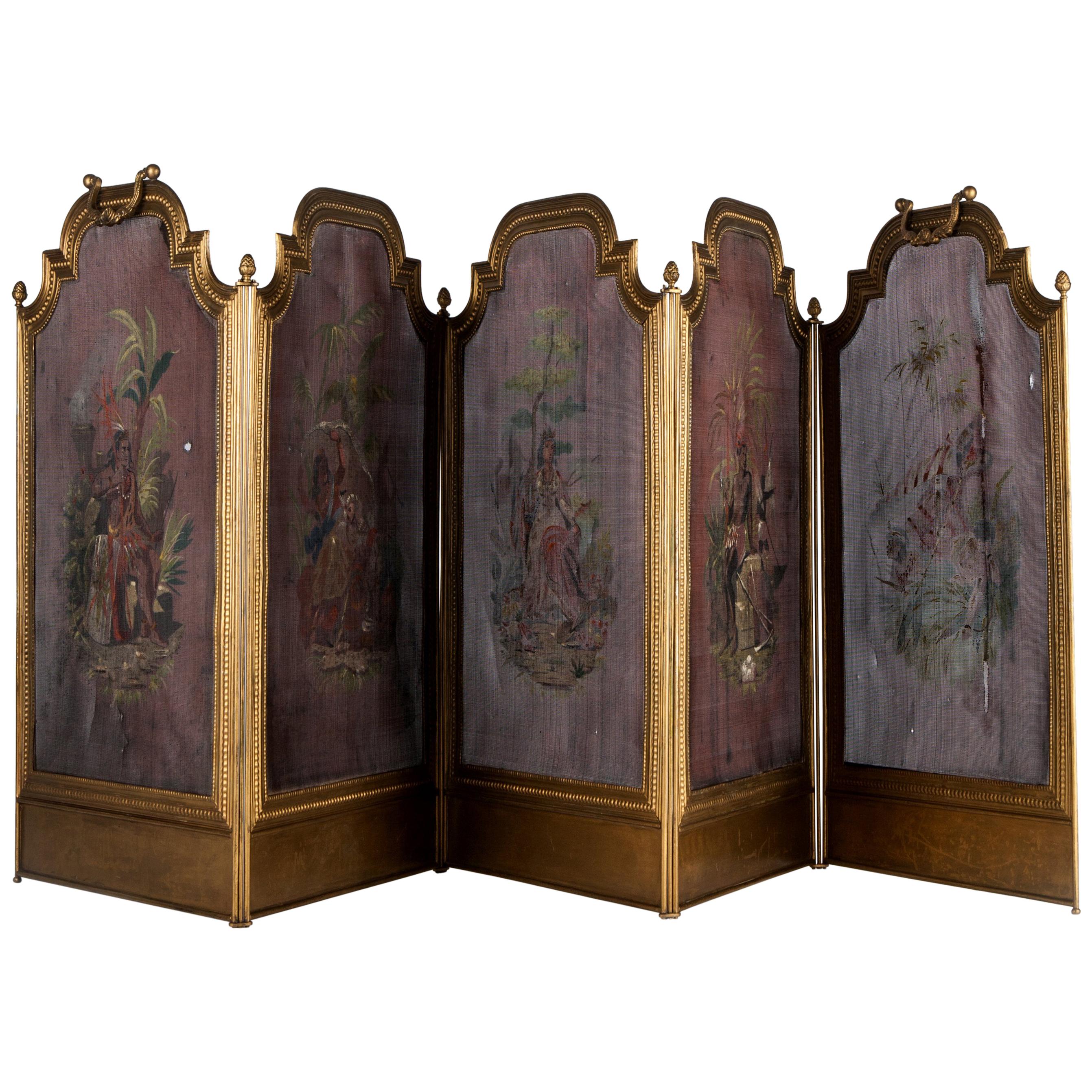 5-Panel Hand Painted Iron Fireplace Screen Featuring "The Americas", circa 1920