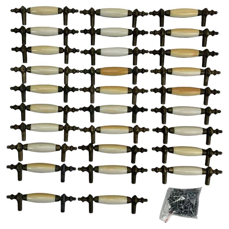 5" Patinaed Brass & Porcelain Drawer Pull Handle w/ Steeple Tips , Set of 29 For Sale