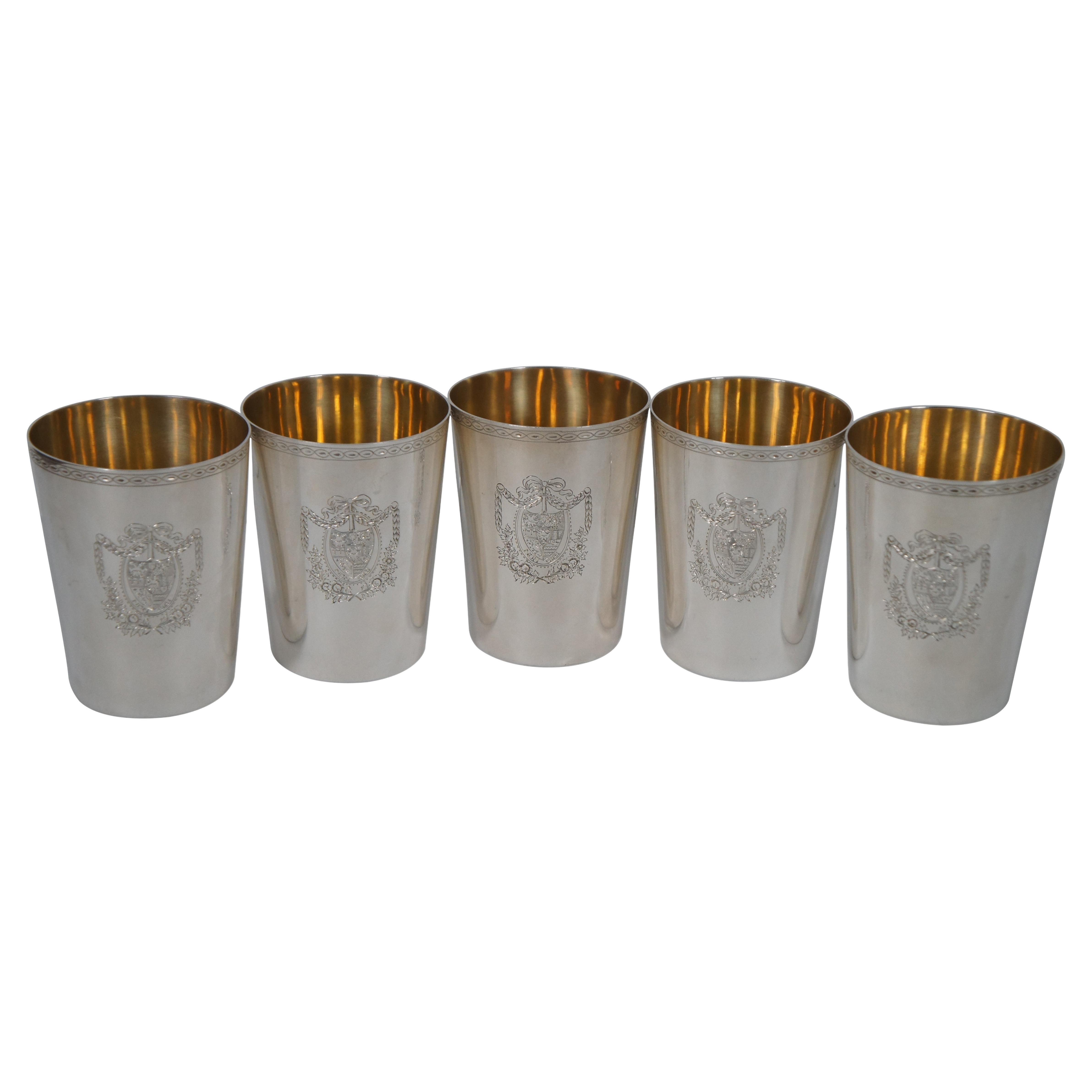 5 Antique Sterling Silver Neoclassical Coat of Arm Crest Mint Julep Cups 816g 4"