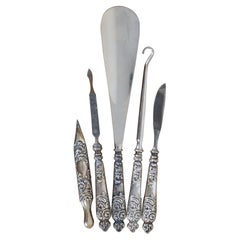 5 Pc Antique Art Nouveau Foster & Bros F&B Sterling Silver Vanity Grooming Set