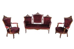5 Pc Antique Victorian Eastlake Walnut Burl Parlor Settee Arm Chairs Set