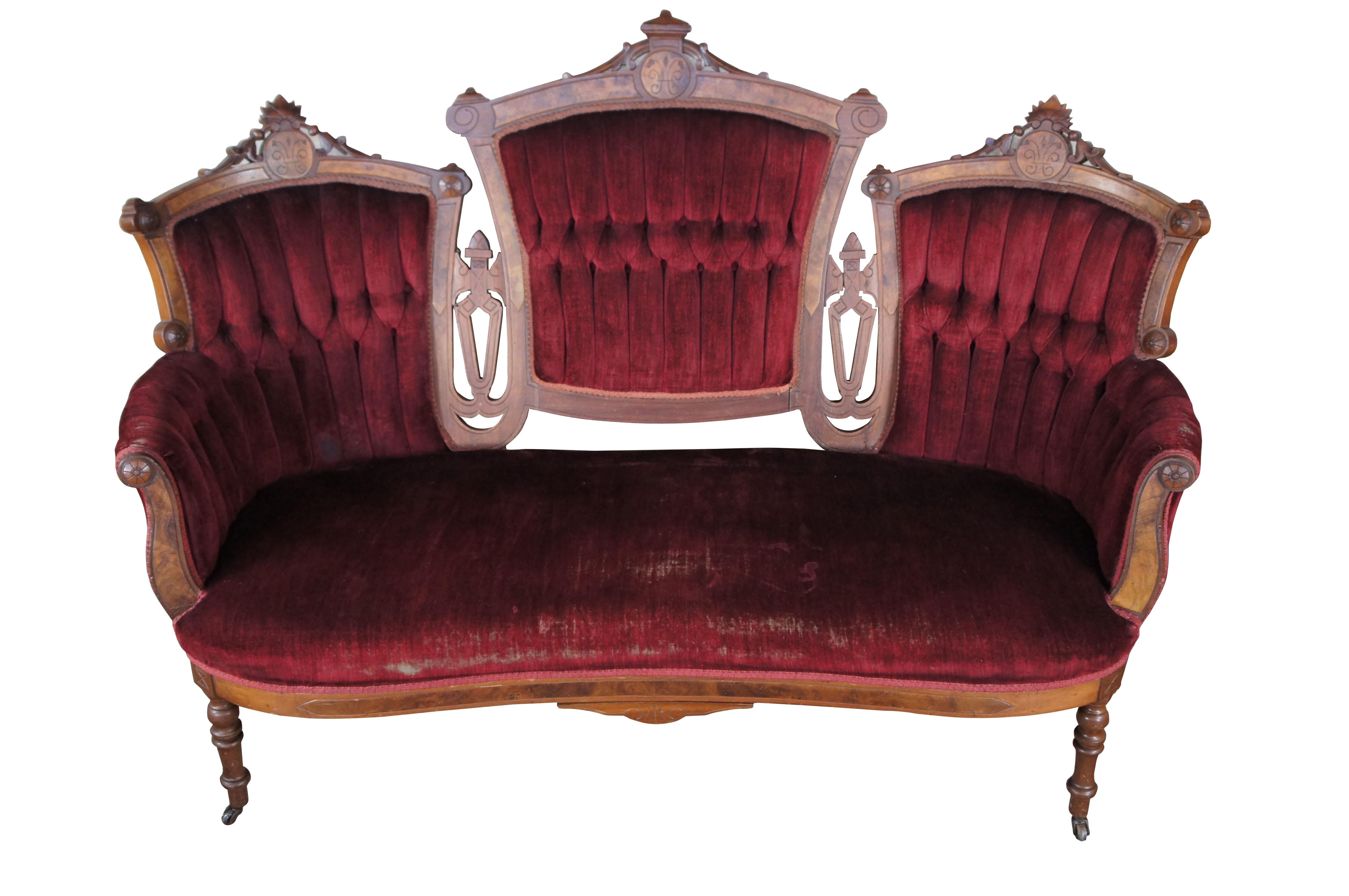 5 Pc Antique Victorian Eastlake Walnut Burl Parlor Settee Arm Chairs Set In Good Condition In Dayton, OH