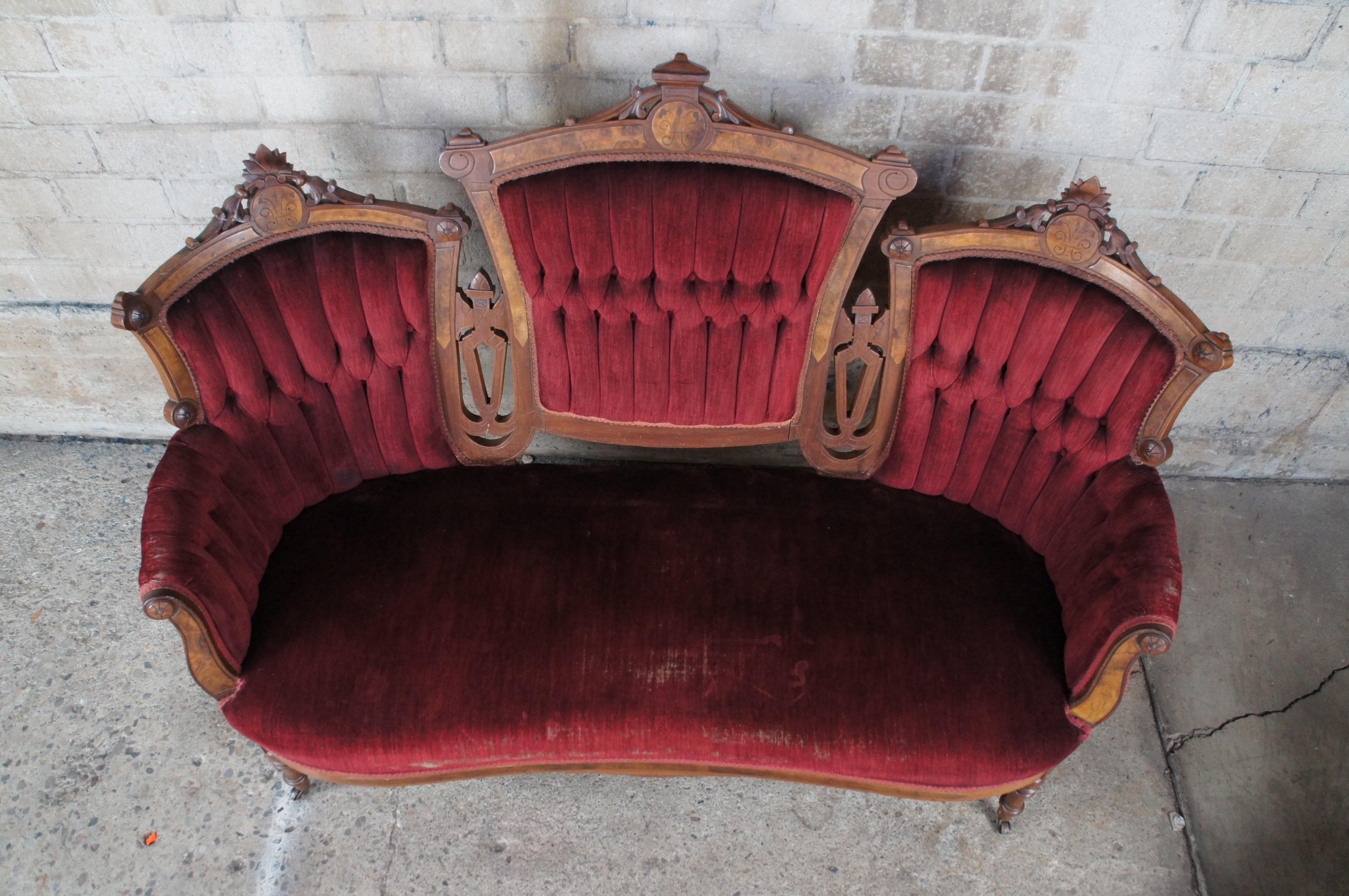 Velvet 5 Pc Antique Victorian Eastlake Walnut Burl Parlor Settee Arm Chairs Set
