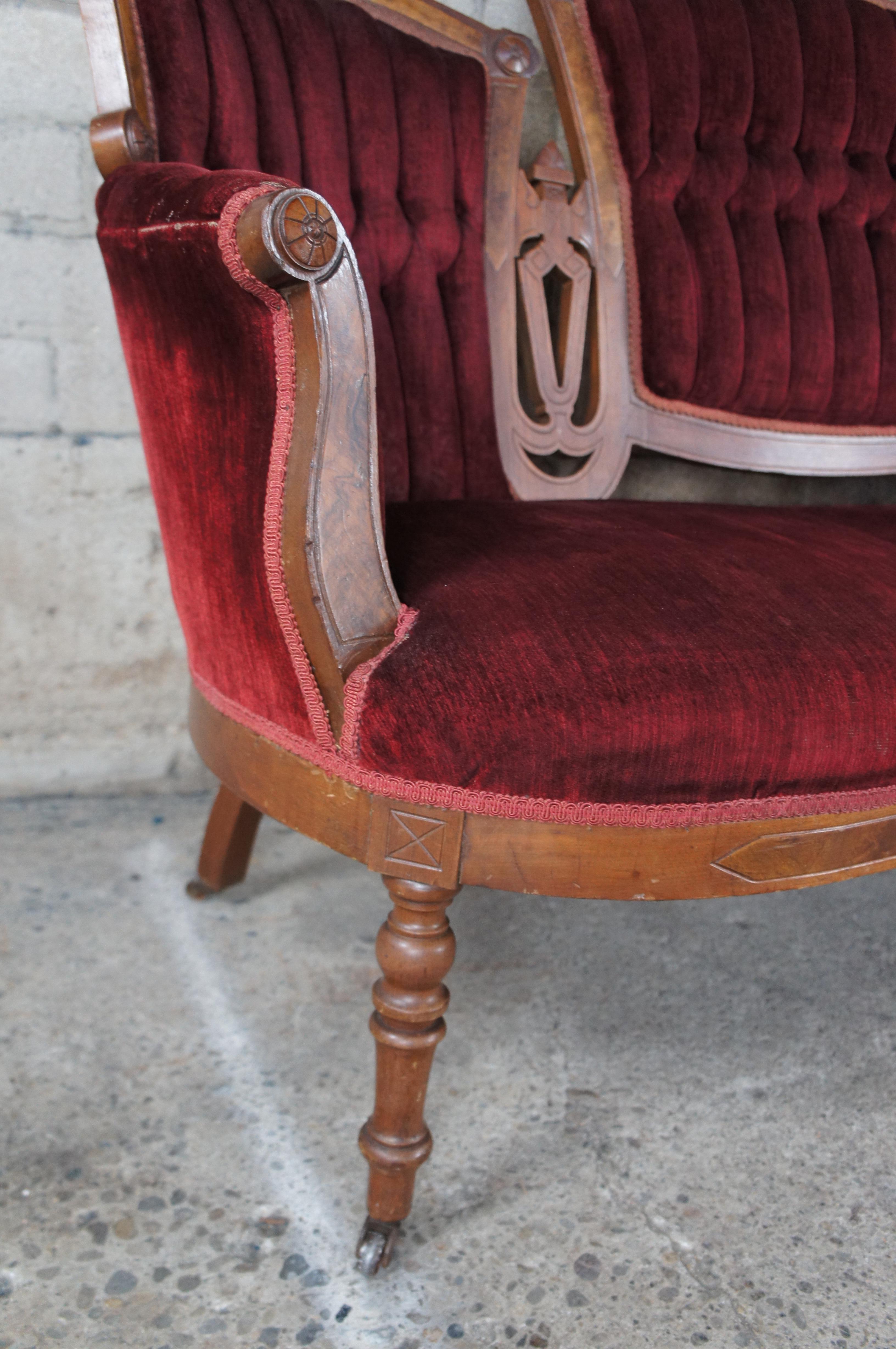 5 Pc Antique Victorian Eastlake Walnut Burl Parlor Settee Arm Chairs Set 1