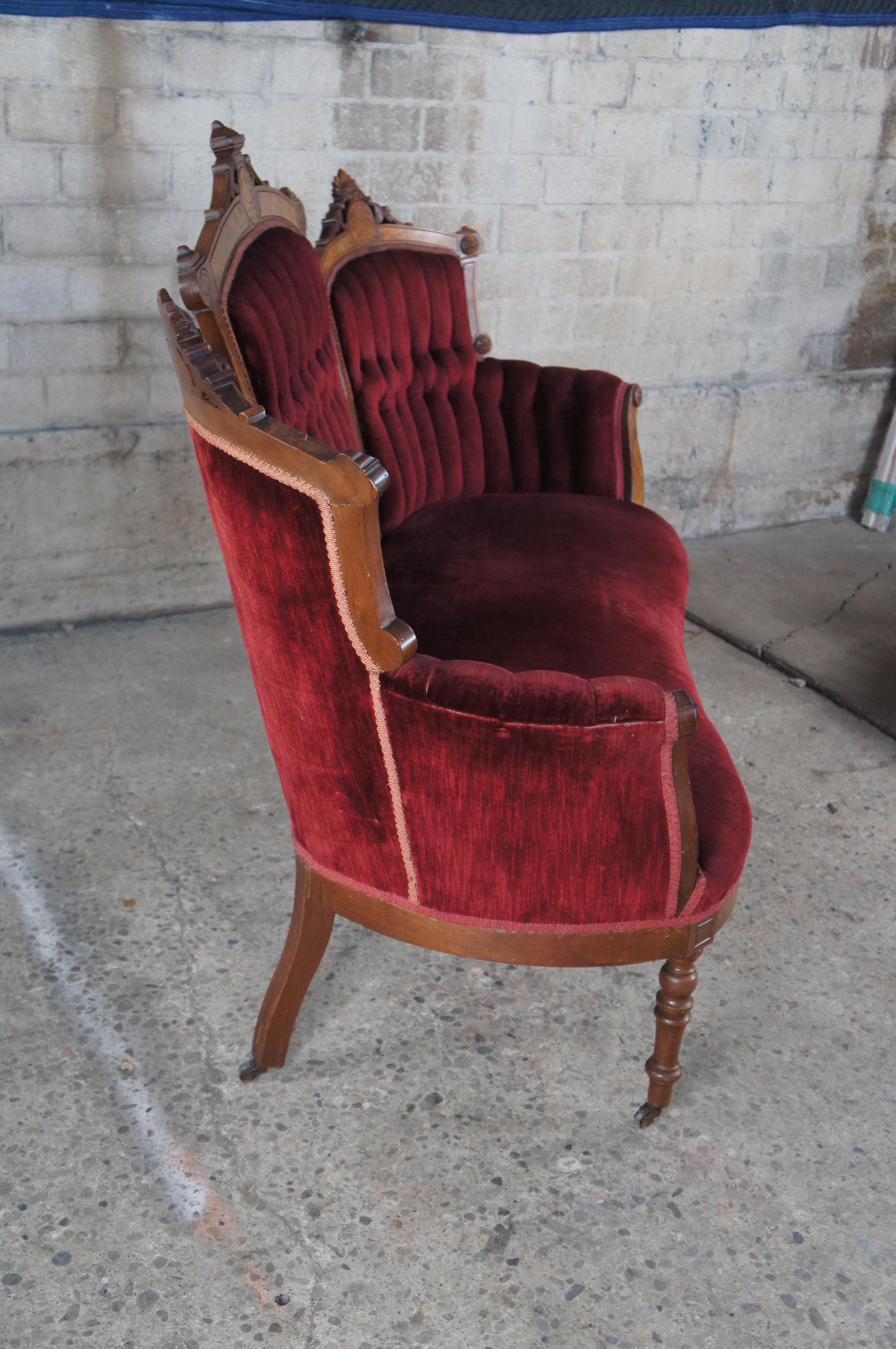 5 Pc Antique Victorian Eastlake Walnut Burl Parlor Settee Arm Chairs Set 2