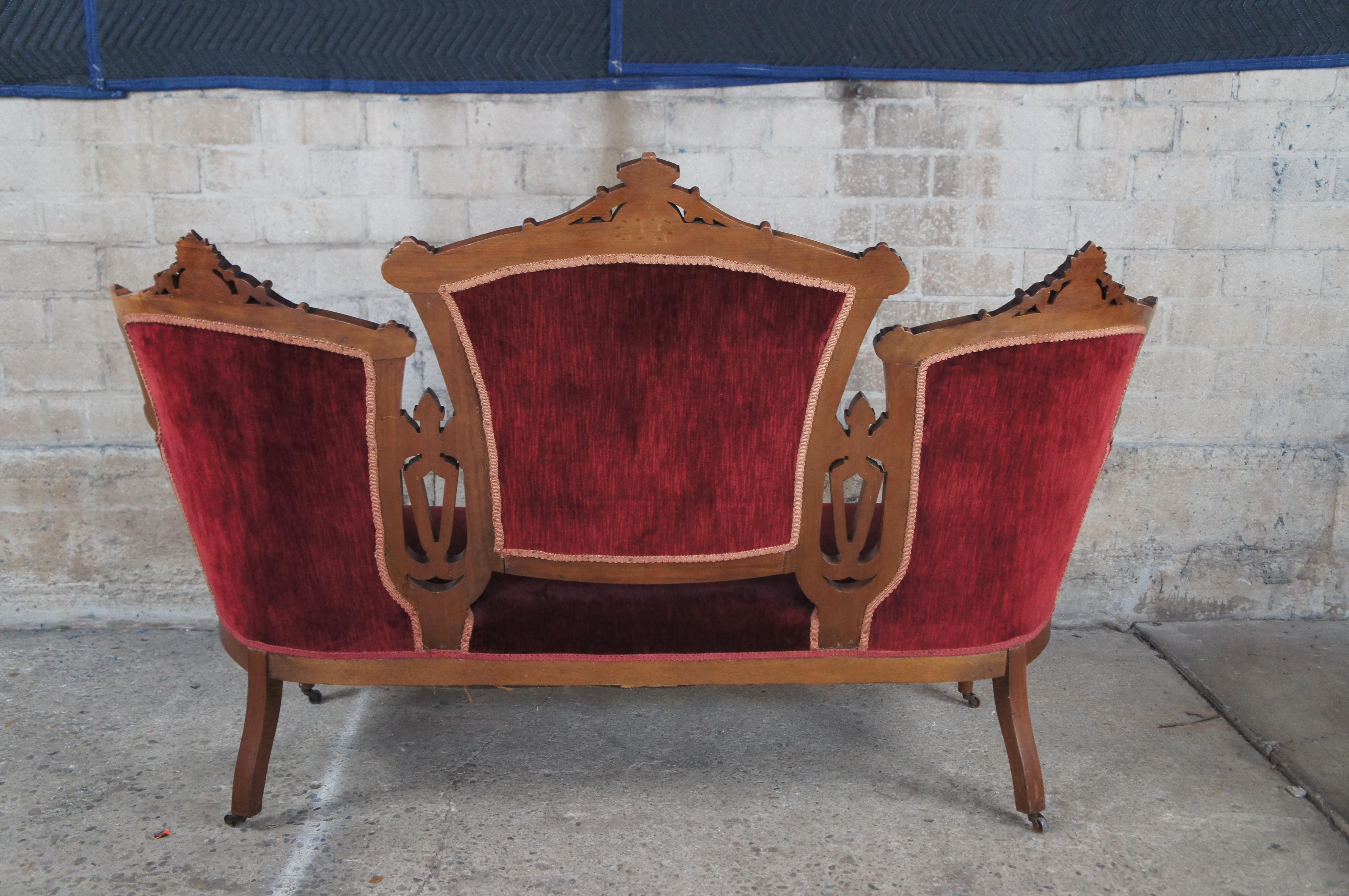 5 Pc Antique Victorian Eastlake Walnut Burl Parlor Settee Arm Chairs Set 3