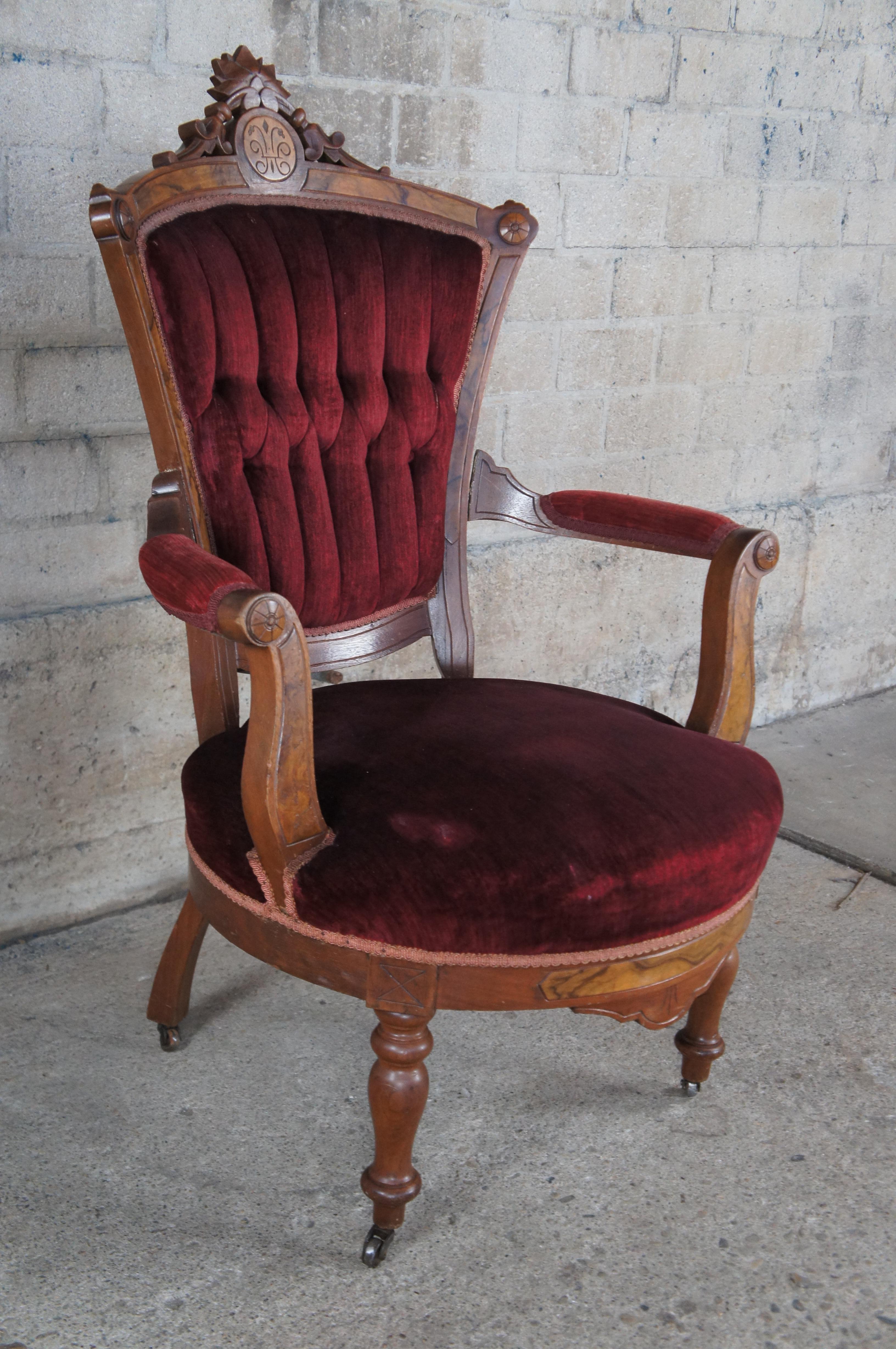 5 Pc Antique Victorian Eastlake Walnut Burl Parlor Settee Arm Chairs Set 4