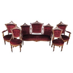 5 Pc Antique Victorian Eastlake Walnut Burl Parlor Settee Arm Chairs Set