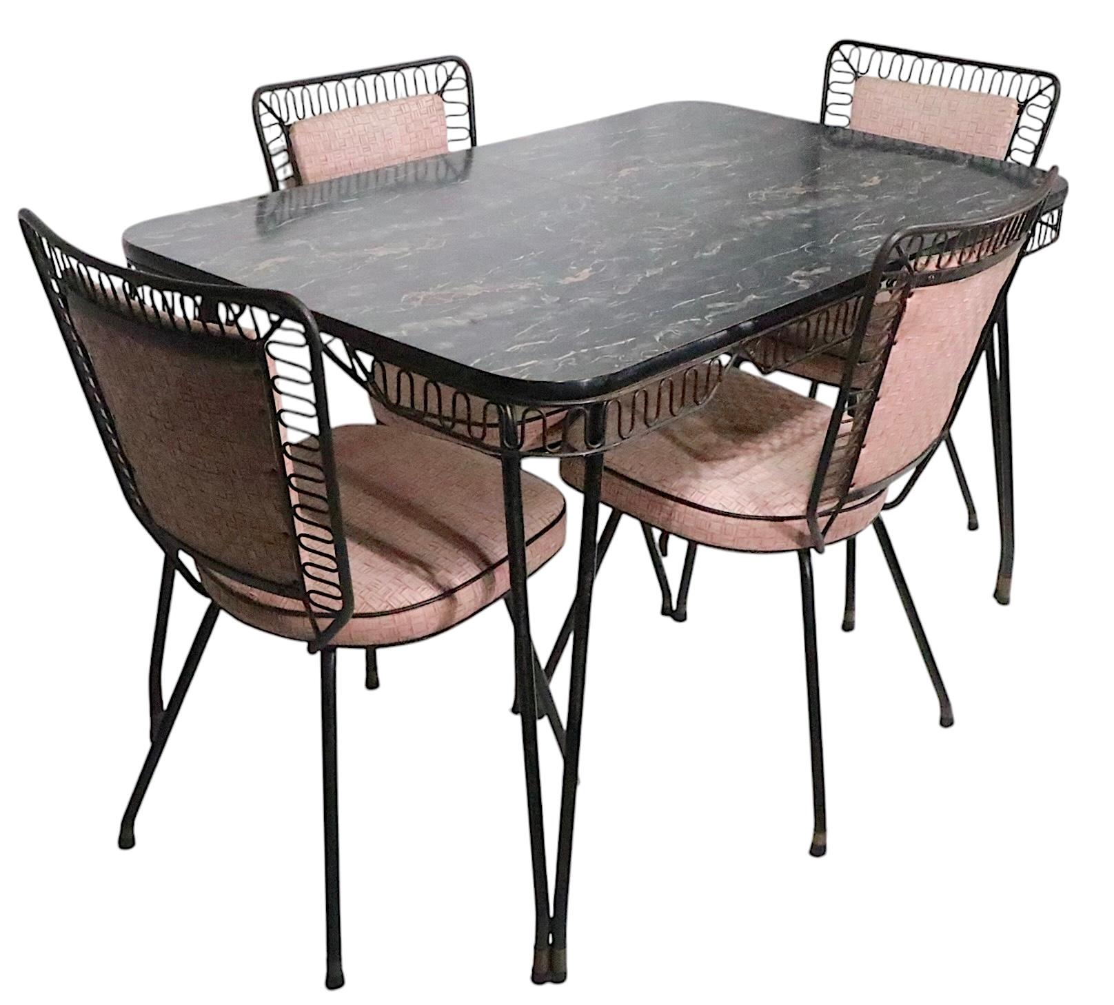 American 5 pc. Mid Century Kitchen Set with Marbleized Formica Top and Pink Upholstery For Sale