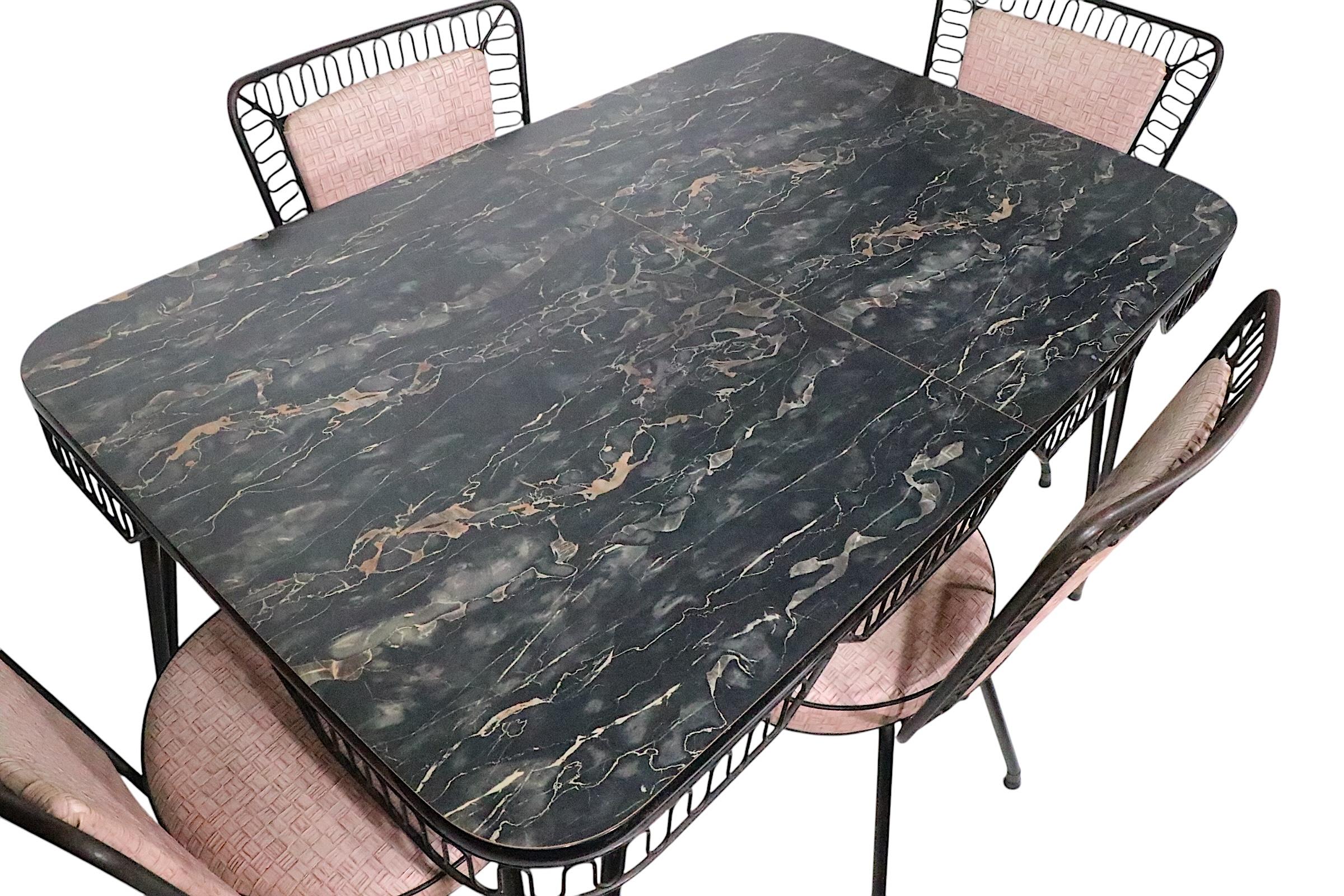 5 pc. Mid Century Kitchen Set with Marbleized Formica Top and Pink Upholstery For Sale 1