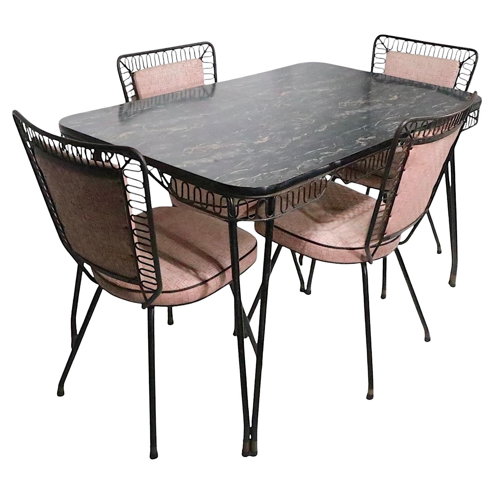 5 pc. Mid Century Kitchen Set with Marbleized Formica Top and Pink Upholstery For Sale