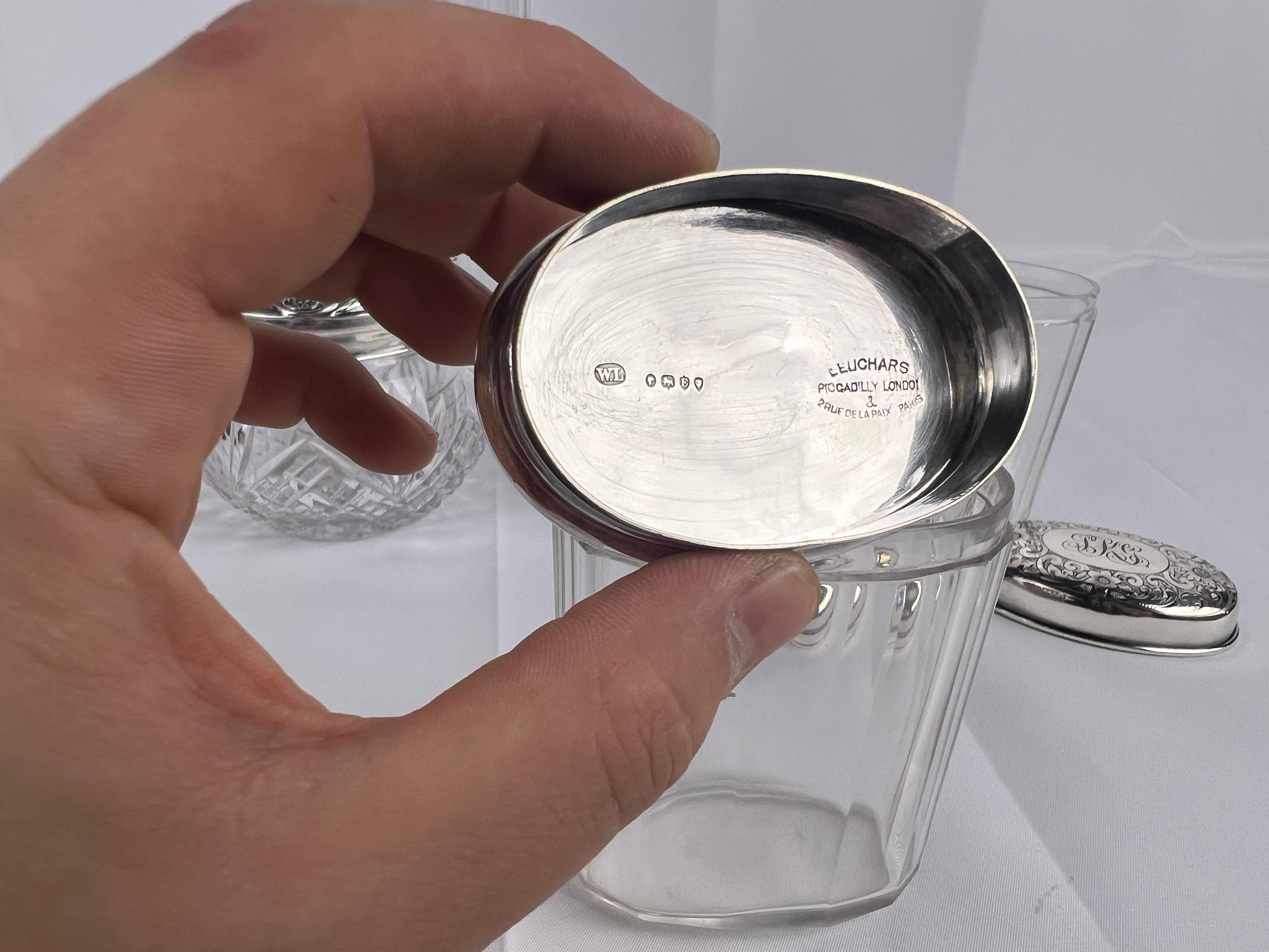 Argento 925 5 pezzi, argento sterling e cristallo, collezione di vasi da notte inglesi e americani in vendita