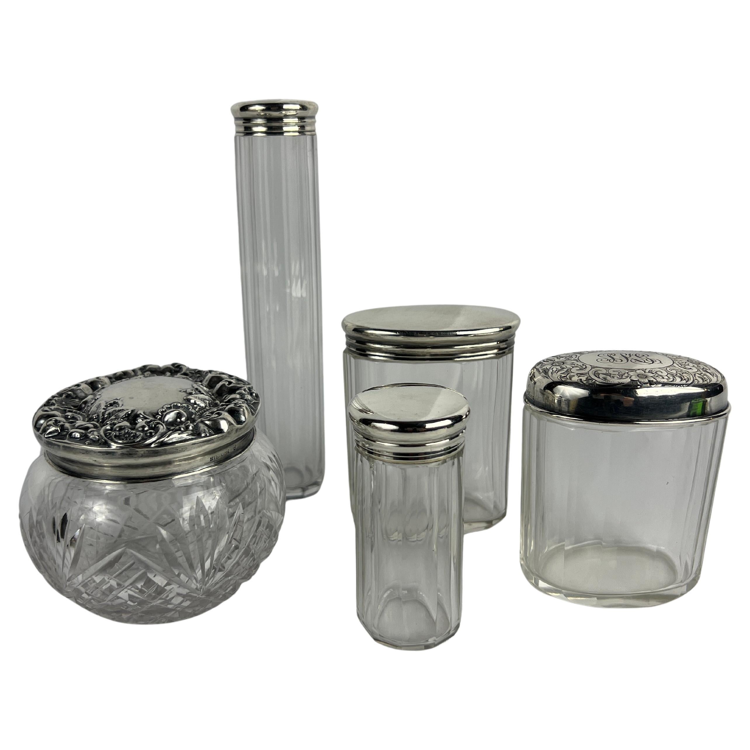 5 Pc, Sterling Silver & Crystal Vanity Jar Collection English & American