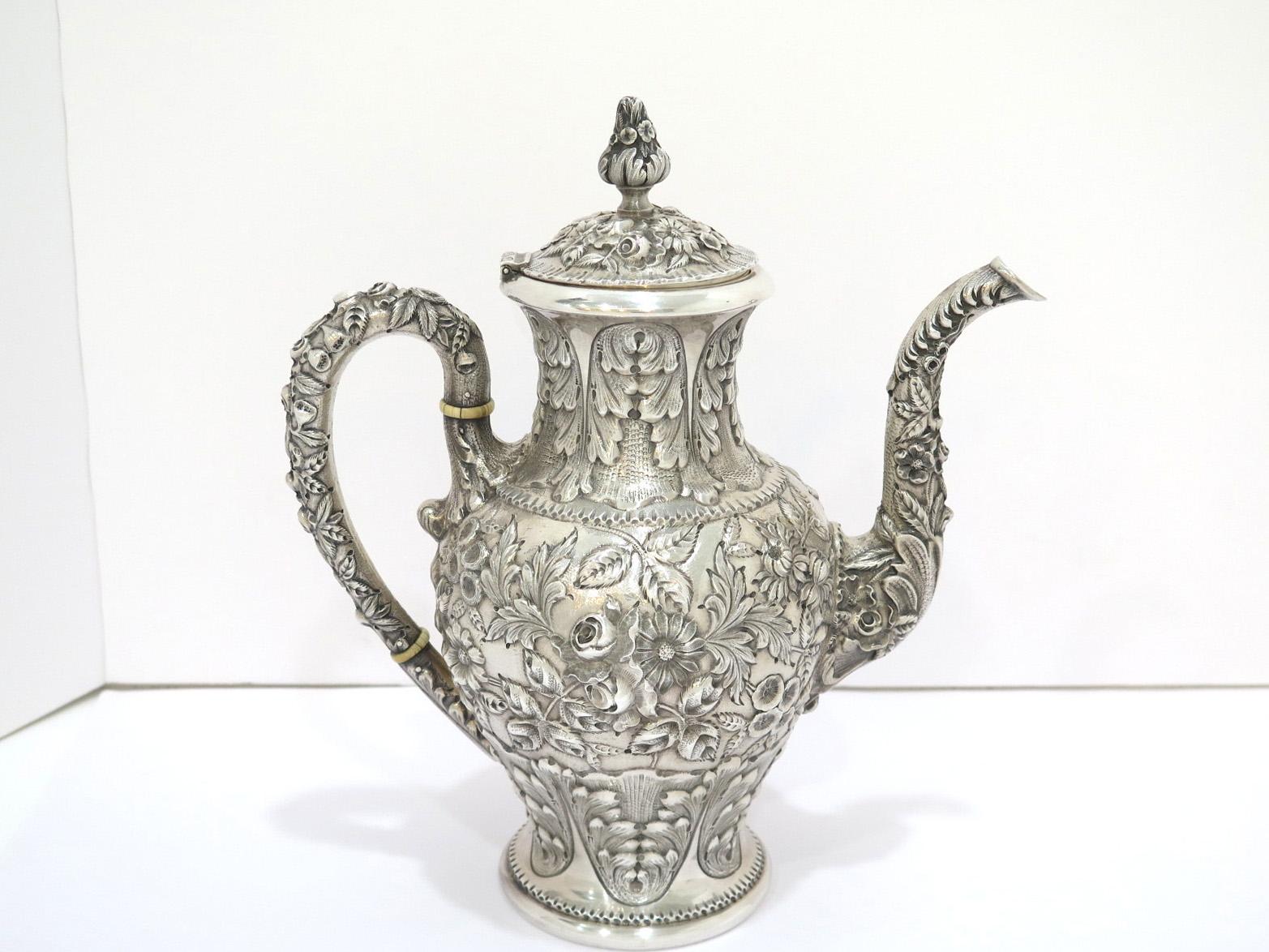 Repoussé 5 Pc Sterling Silver S. Kirk & Son Antique Floral Repousse Tea / Coffee Service For Sale