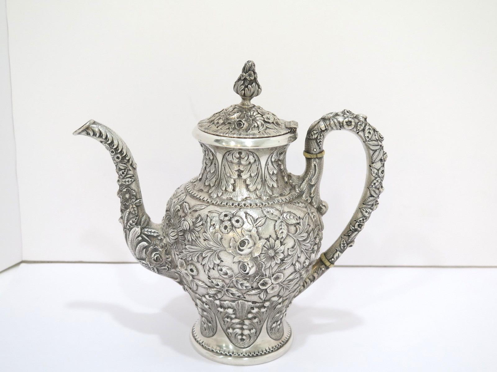 5 Pc Sterling Silver S. Kirk & Son Antique Floral Repousse Tea / Coffee Service In Good Condition For Sale In Brooklyn, NY