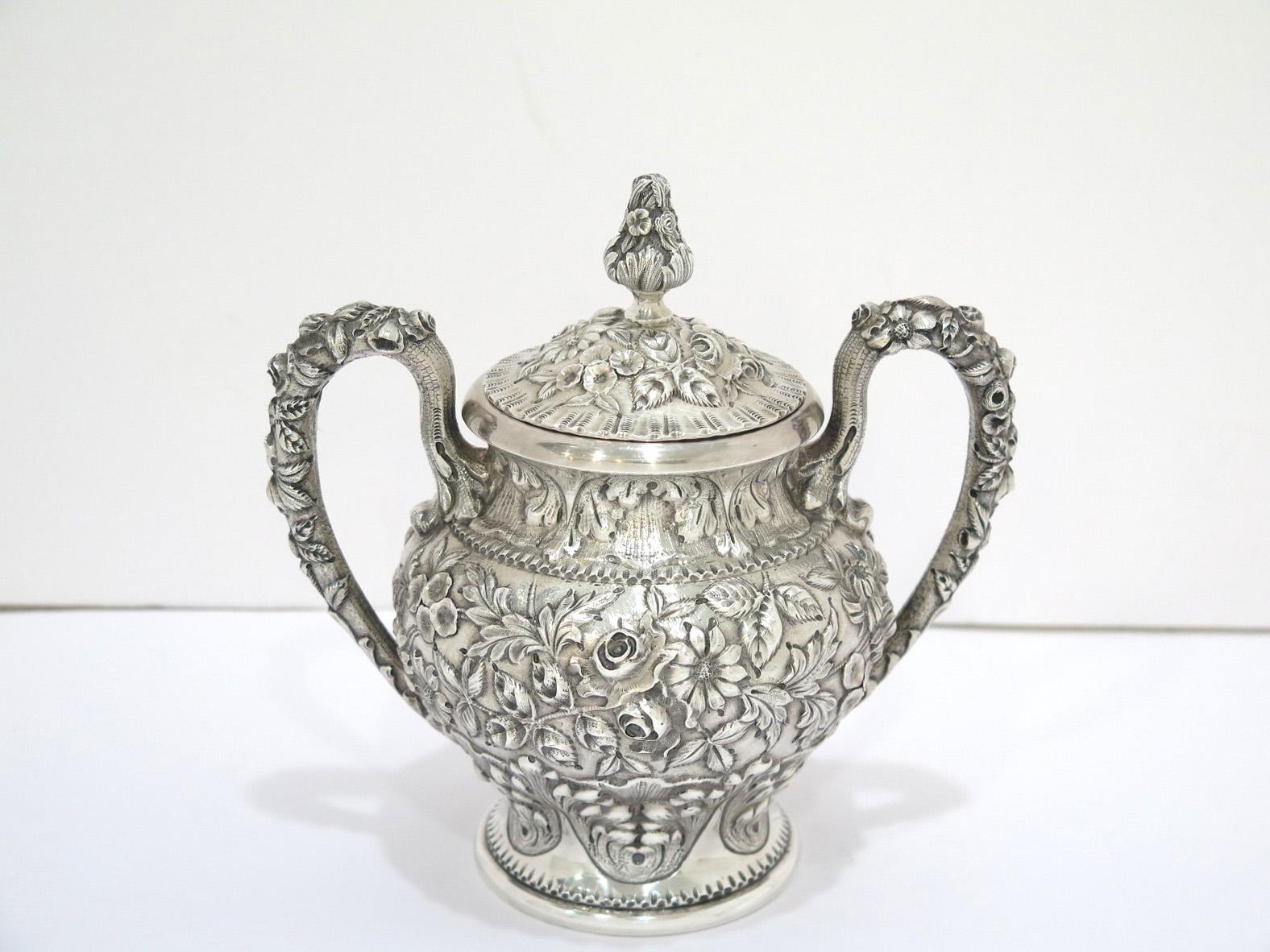 5 Pc Sterling Silver S. Kirk & Son Antique Floral Repousse Tea / Coffee Service For Sale 1
