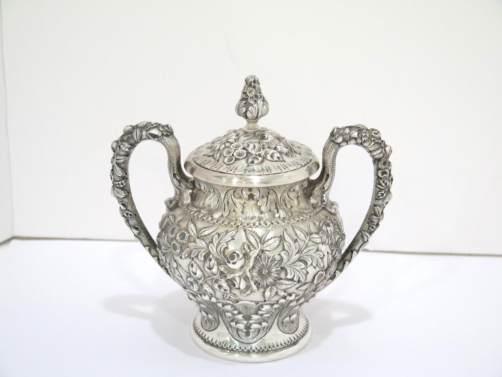 5 Pc Sterling Silver S. Kirk & Son Antique Floral Repousse Tea / Coffee Service For Sale 2