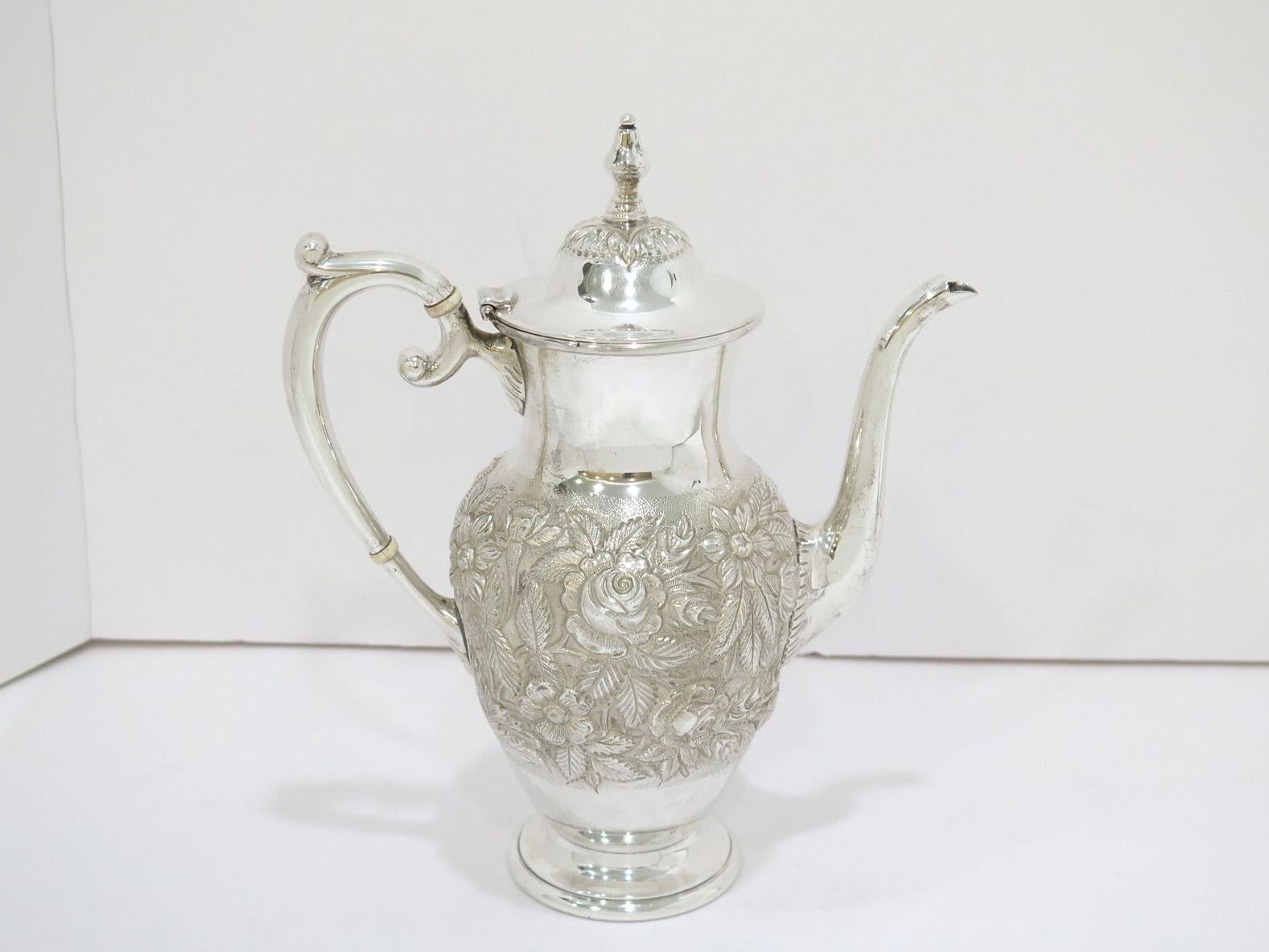 American 5 Pc Sterling Silver S. Kirk & Son Vintage Floral Repousse Tea / Coffee Service