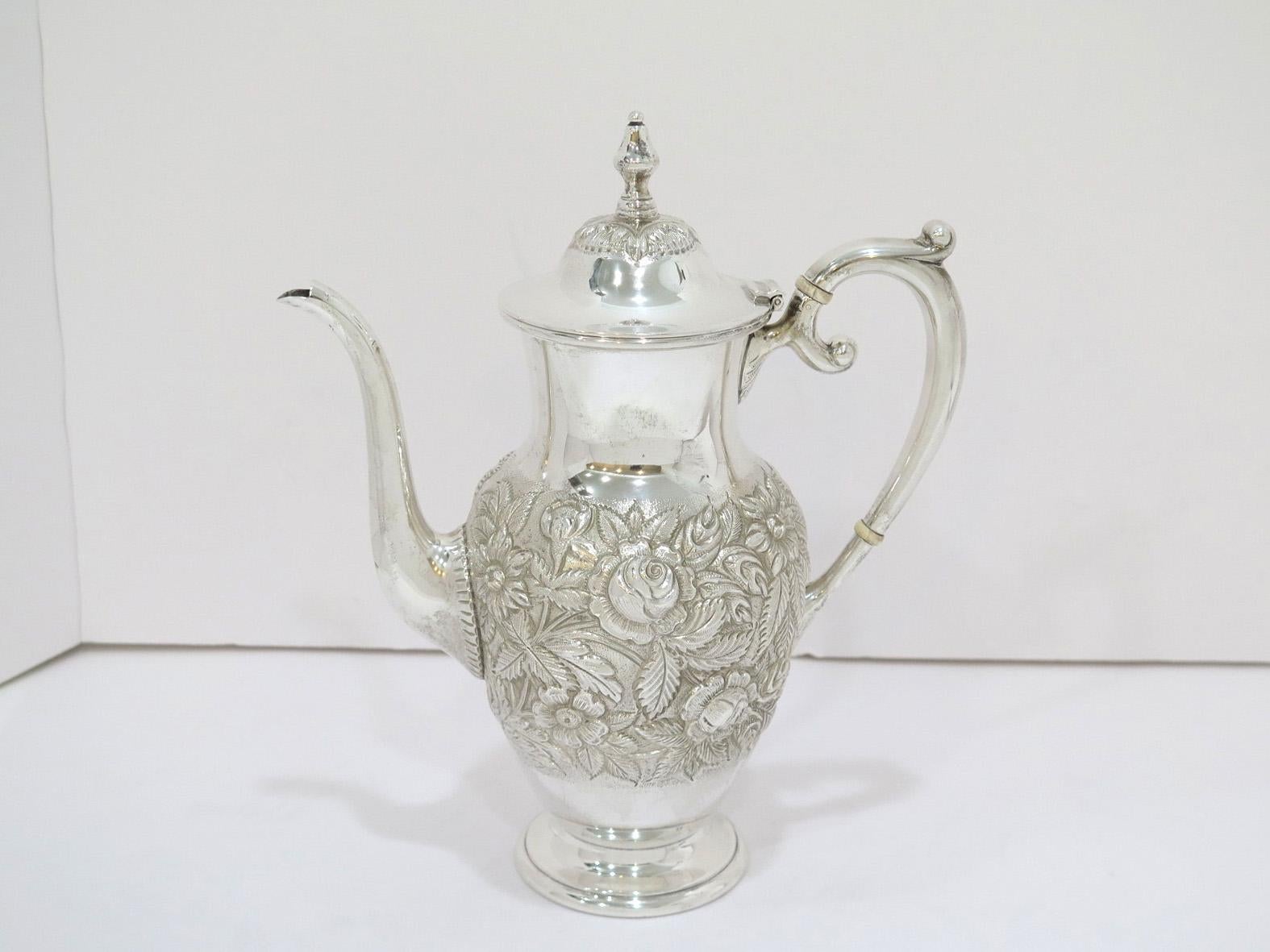 Repoussé 5 Pc Sterling Silver S. Kirk & Son Vintage Floral Repousse Tea / Coffee Service