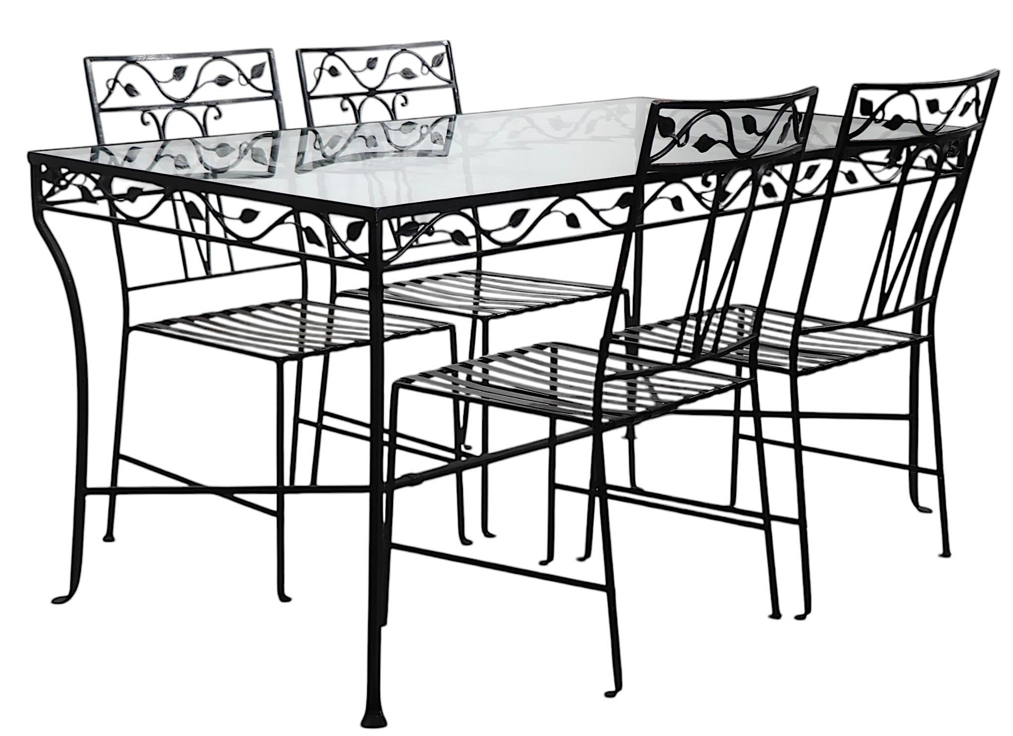 5 pc. Wrought Iron and Glass Patio Garden Dining Set by Salterini For Sale 9