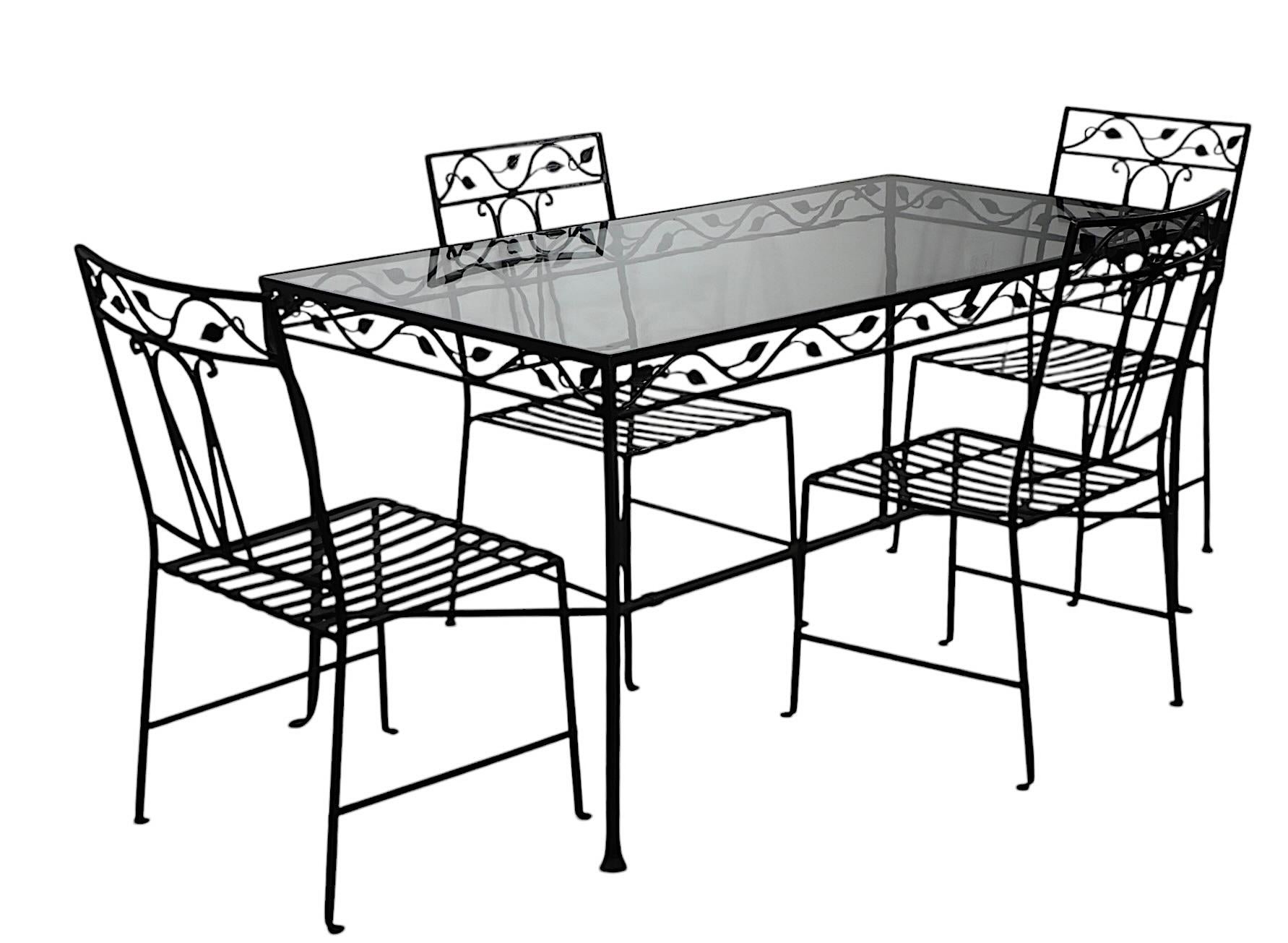 5 pc. Wrought Iron and Glass Patio Garden Dining Set by Salterini For Sale 10