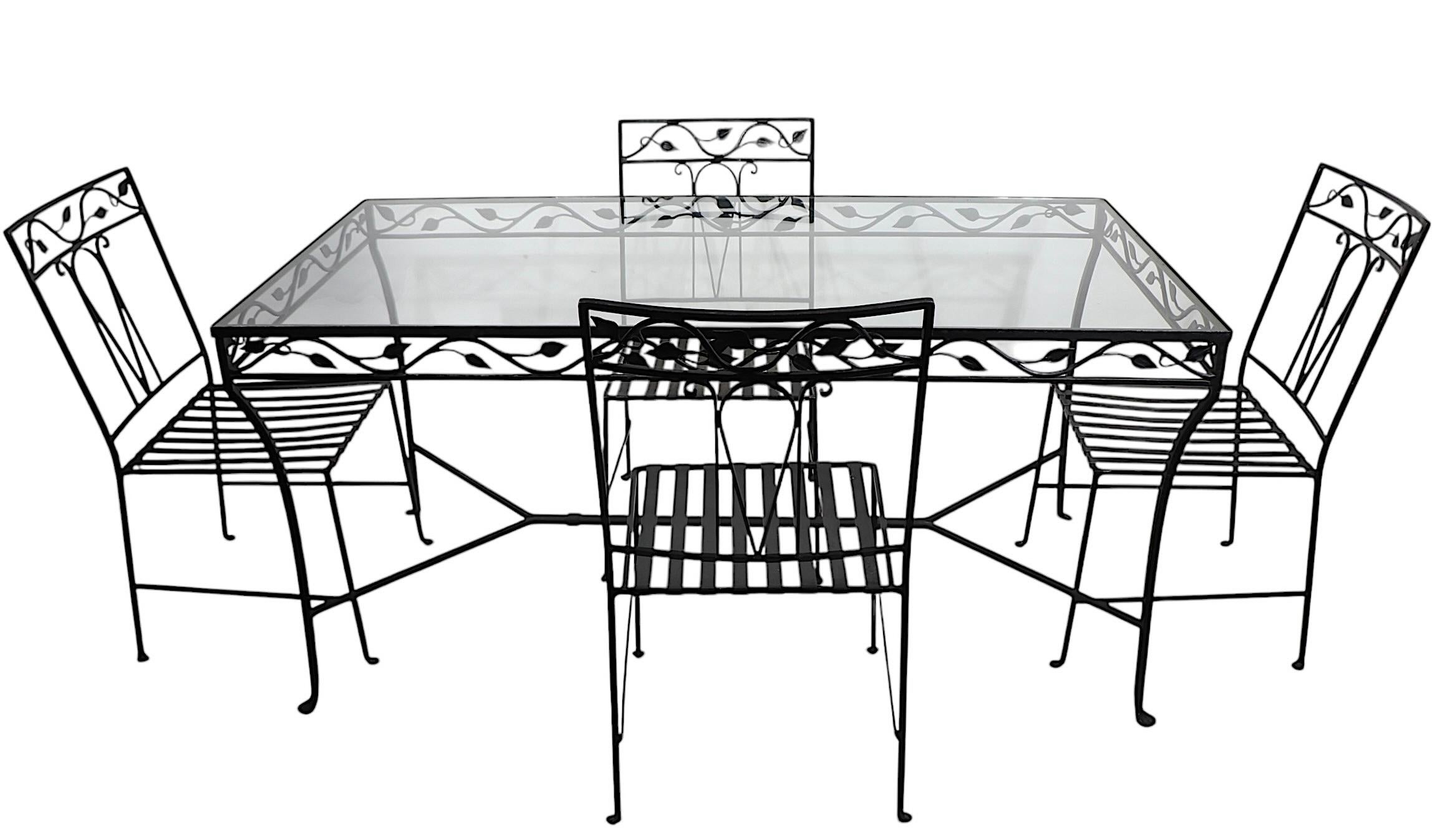 5 pc. Wrought Iron and Glass Patio Garden Dining Set by Salterini For Sale 11