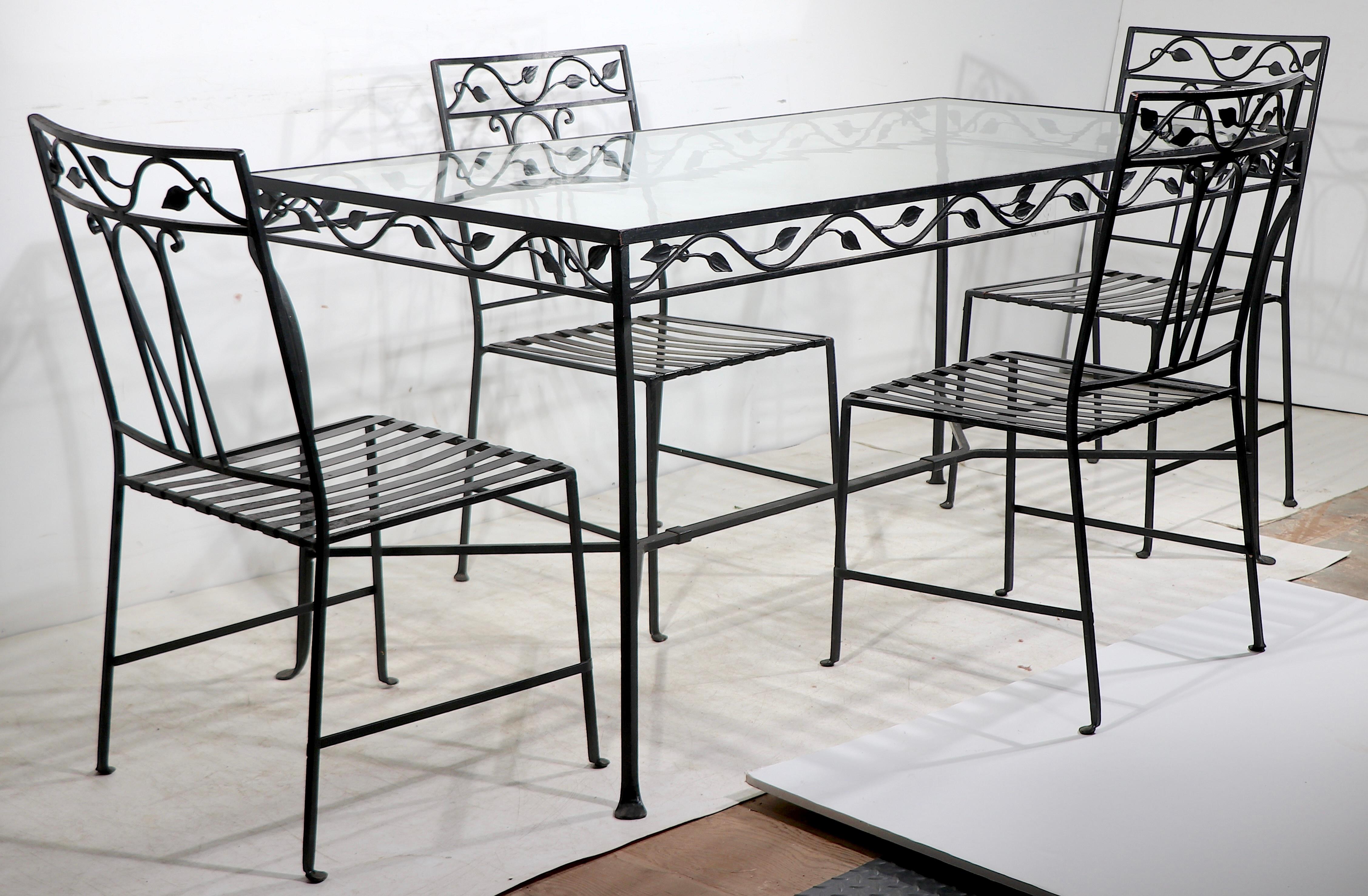 5 pc. Wrought Iron and Glass Patio Garden Dining Set by Salterini For Sale 14