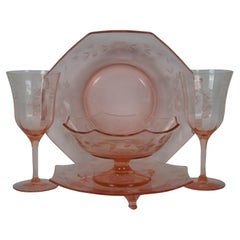 5 Pcs Vintage Pink Floral Etched Depression Glass Goblet Compote Tray Stand