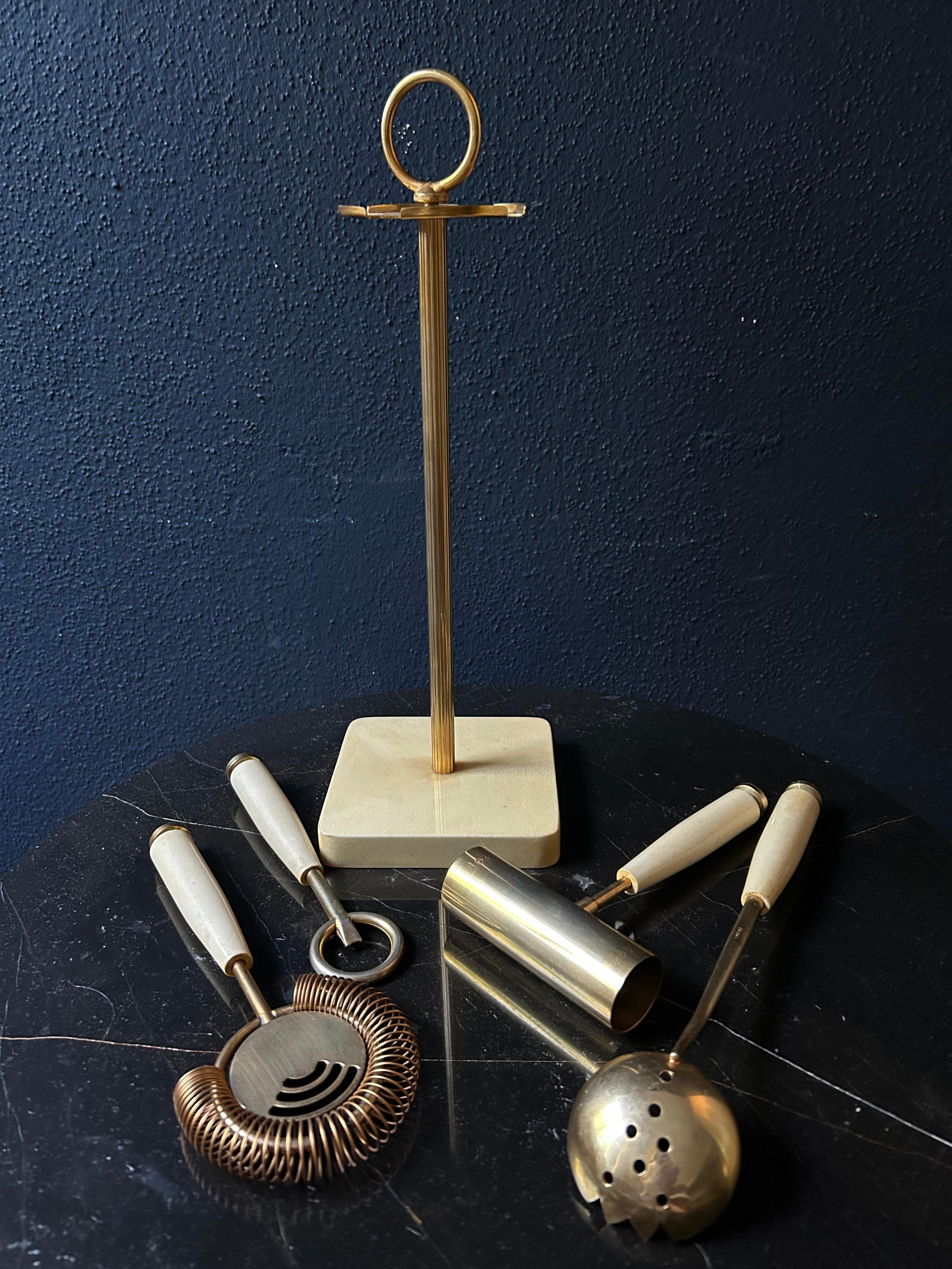 Brass 5 Piece Aldo Tura Barware Set in Pearl White, Italy, 1970s For Sale