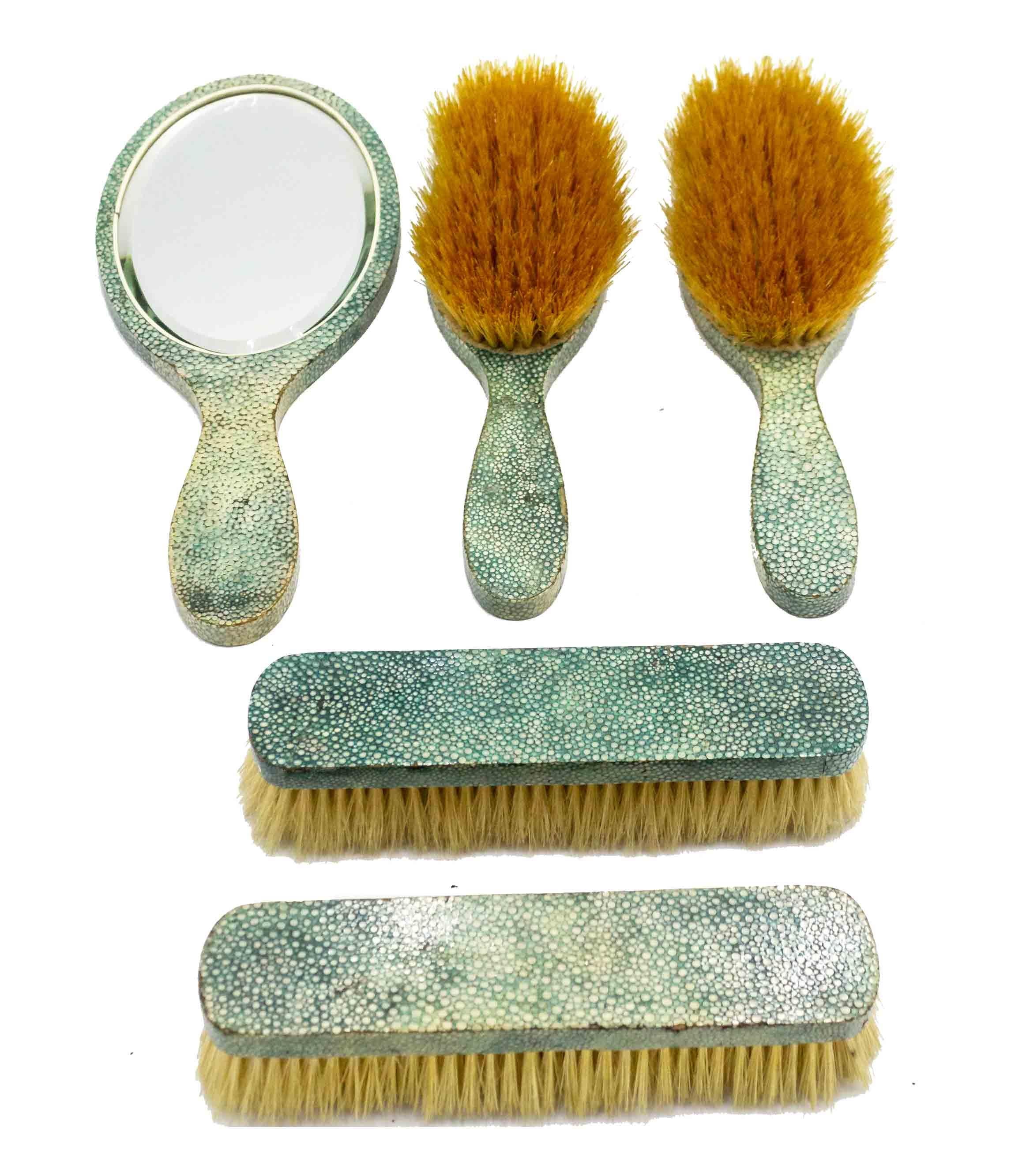 5-Piece Art Deco green shagreen brush set (4 brushes, 1 hand mirror) (PRICED AS SET)
 