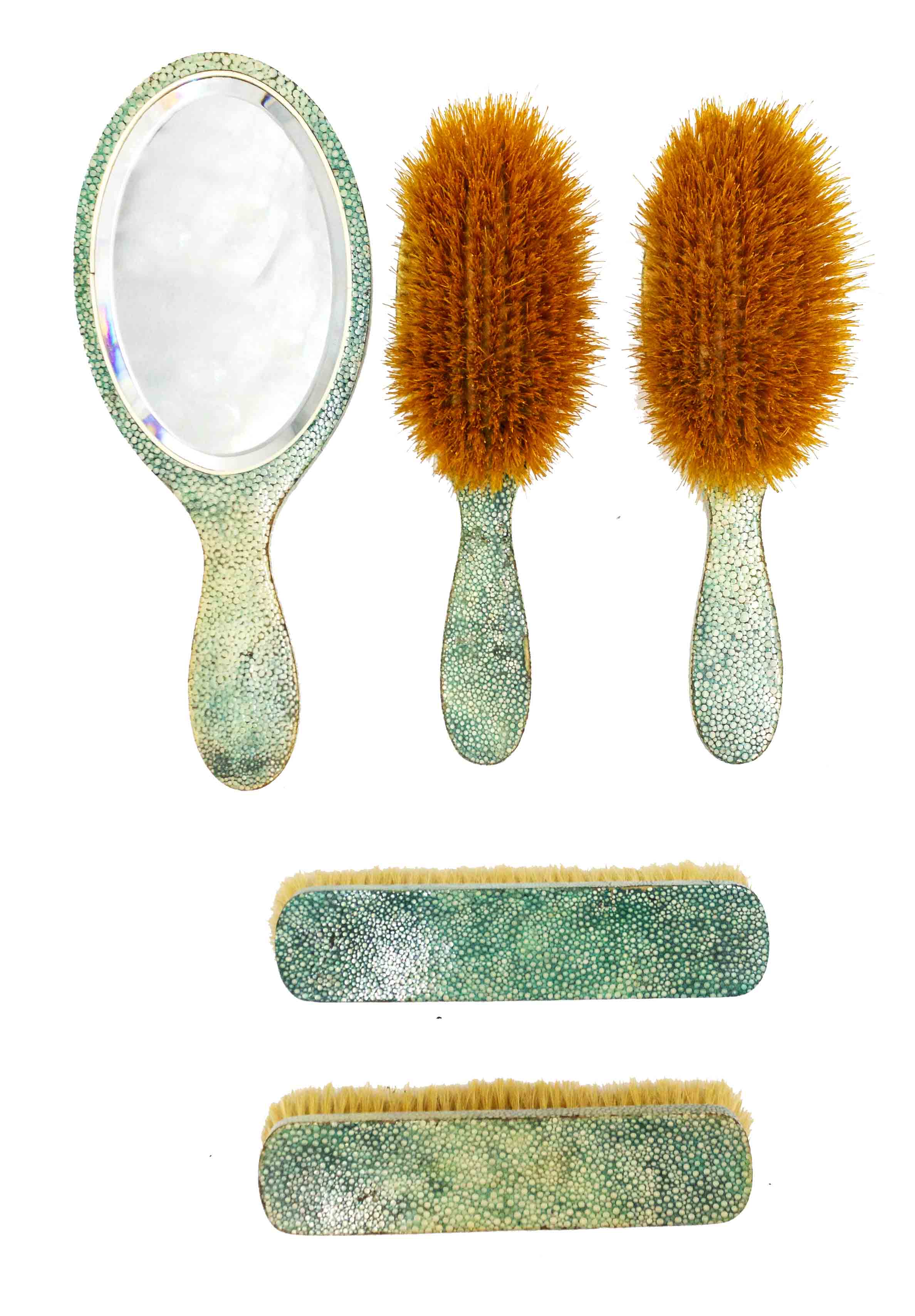5-Piece Art Deco Green Shagreen Brush and Mirror Set For Sale