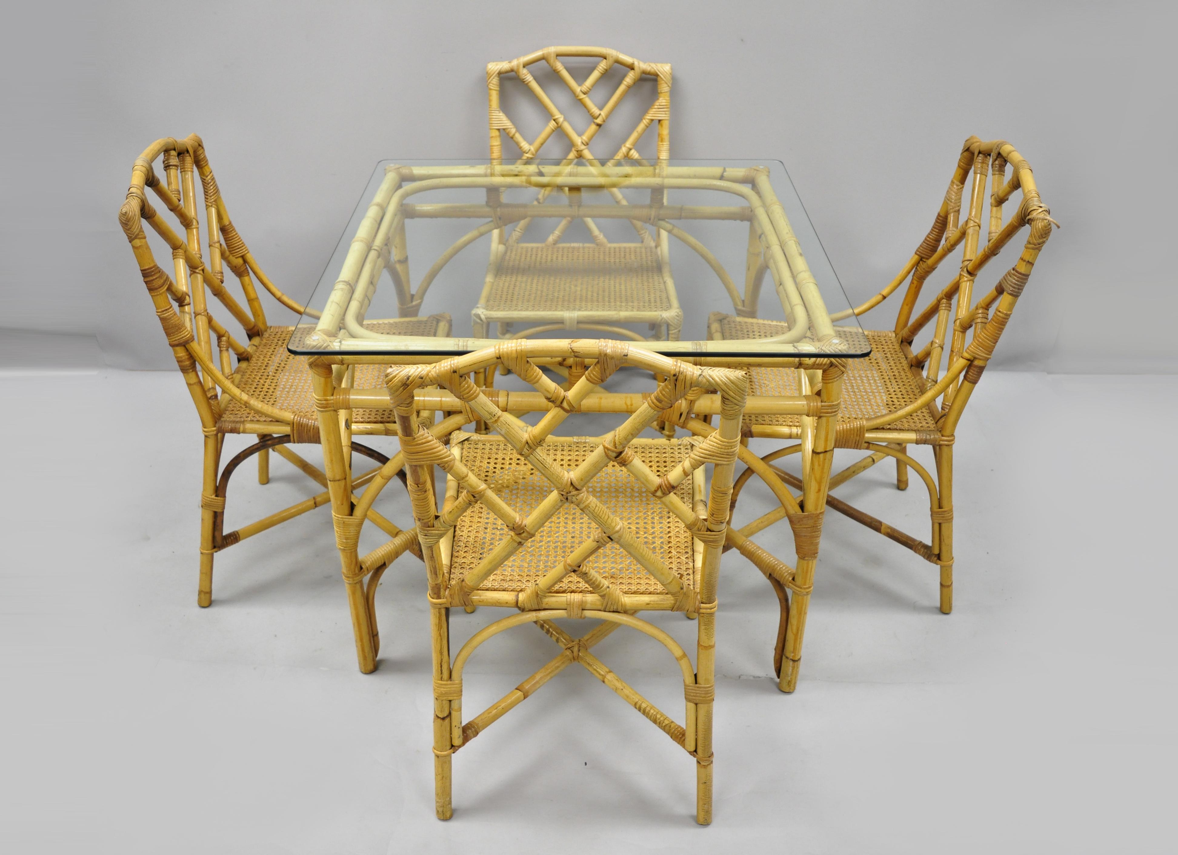 5-Piece Bamboo Rattan Faux Bamboo Chinese Chippendale Boho Chic Dining Set 4
