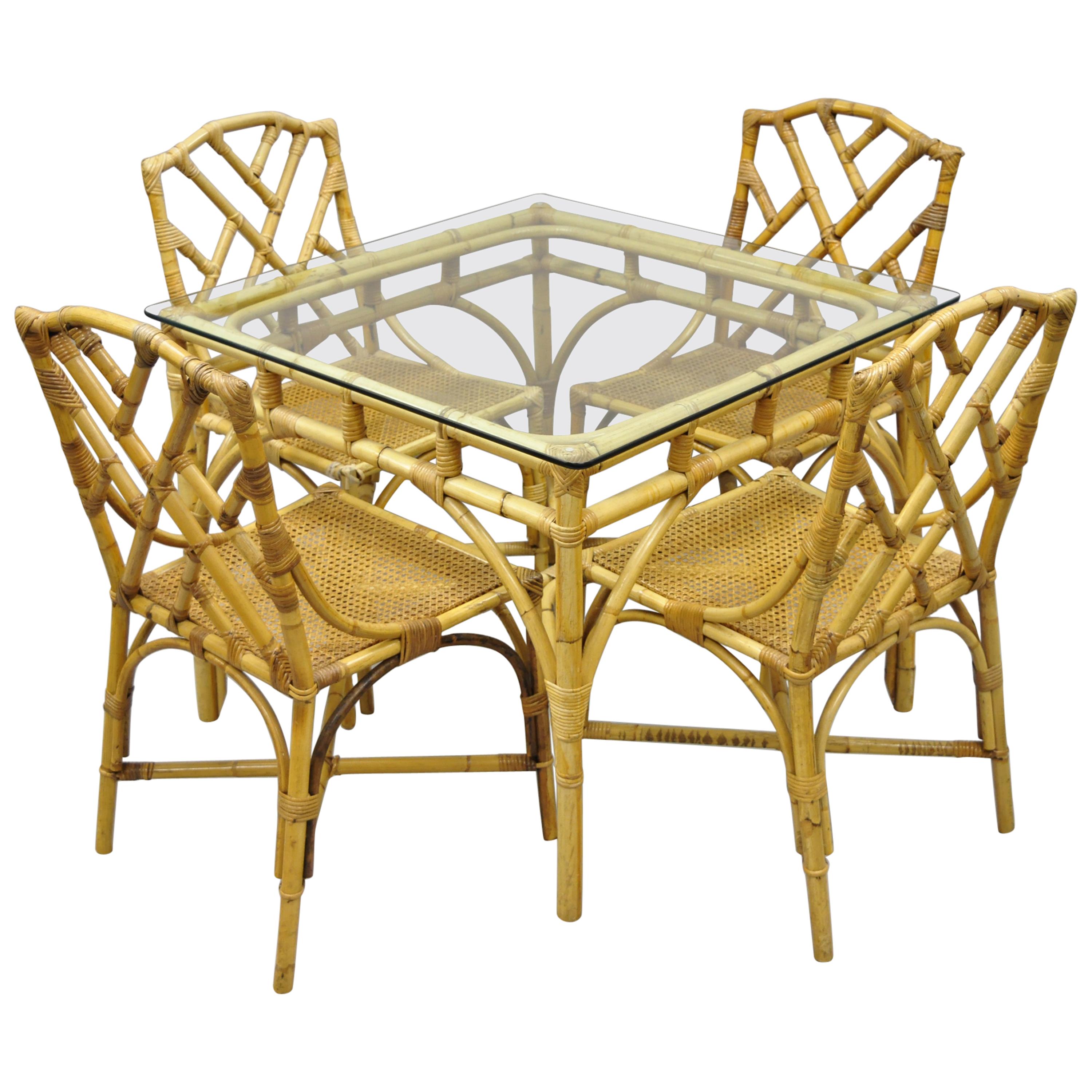 5-Piece Bamboo Rattan Faux Bamboo Chinese Chippendale Boho Chic Dining Set