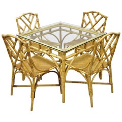 Vintage 5-Piece Bamboo Rattan Faux Bamboo Chinese Chippendale Boho Chic Dining Set