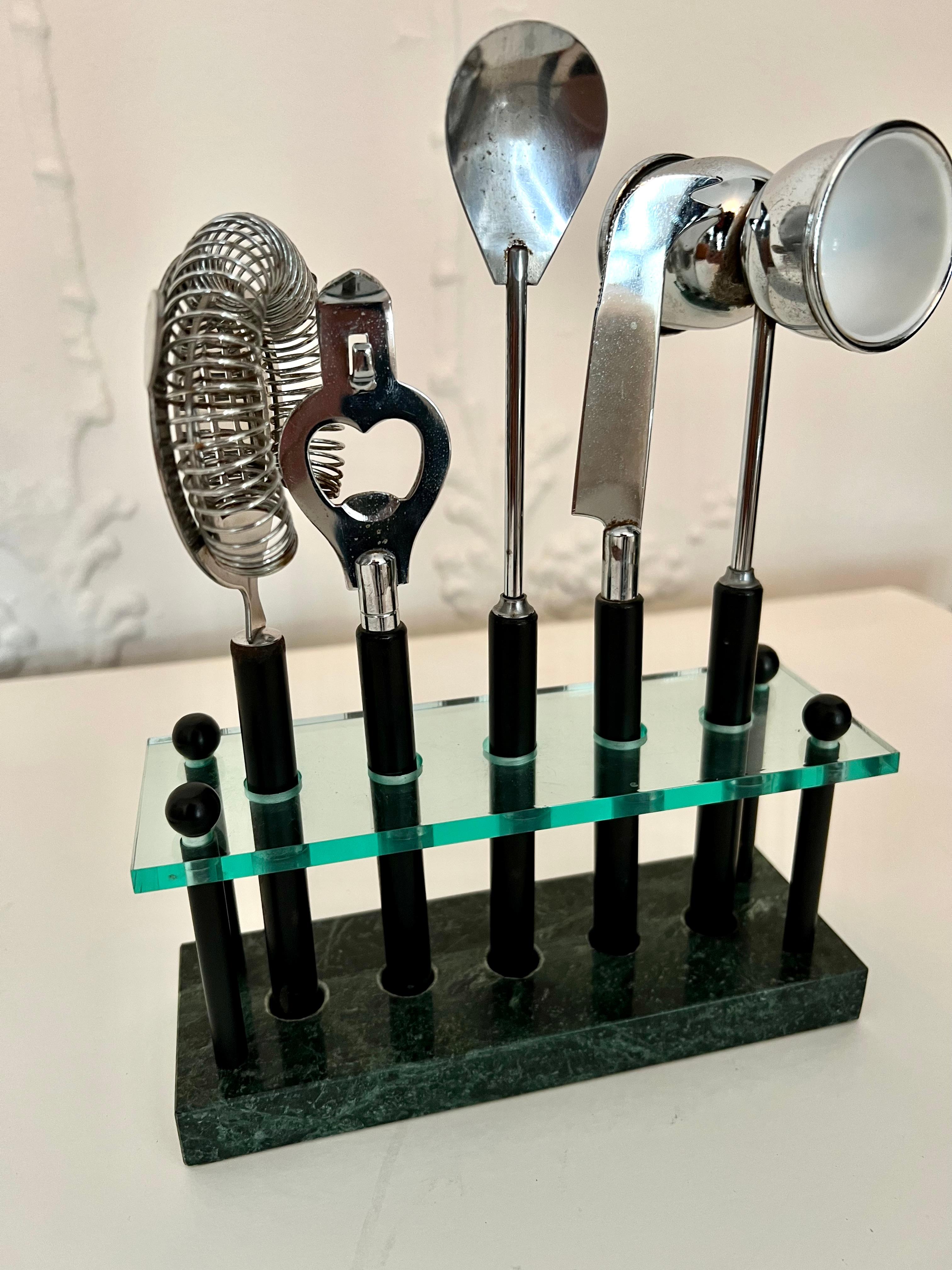 Polished 5 Piece Barware Set in a Customized Marble and Glass Stand For Sale