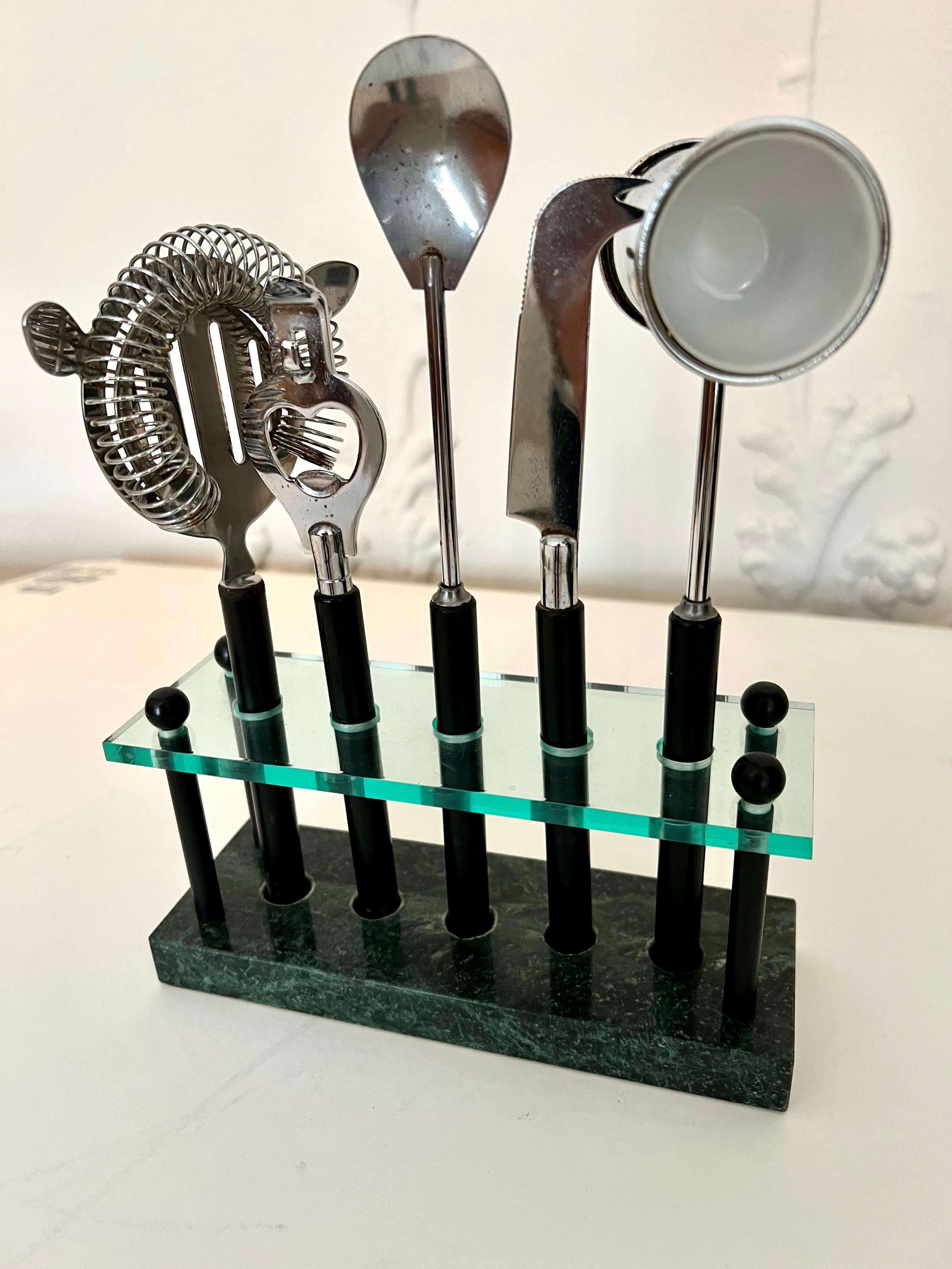 5 Piece Barware Set in a Customized Marble and Glass Stand In Good Condition For Sale In Los Angeles, CA